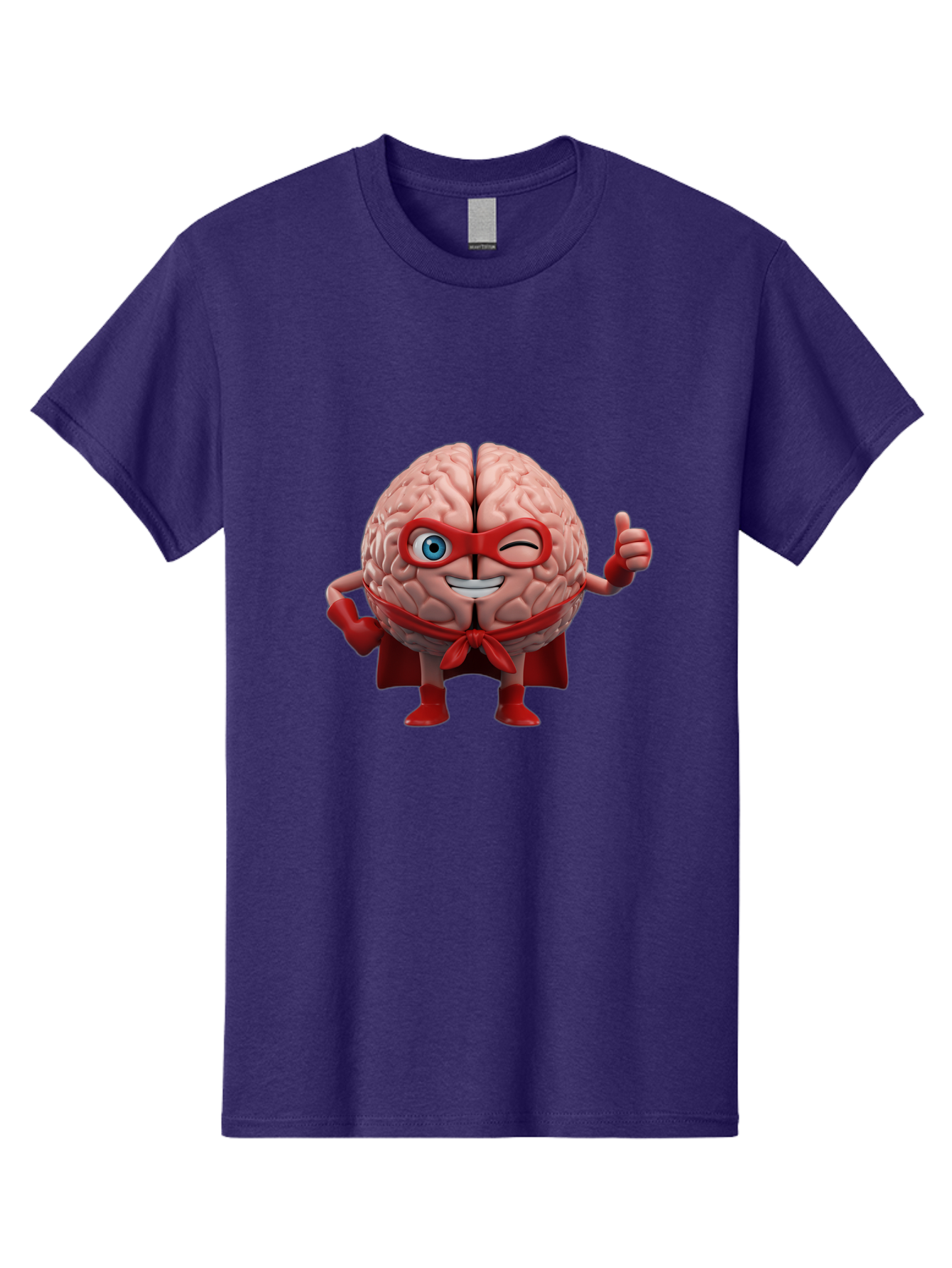 Brain-Superhero Men'S Graphic Tee, 100% Cotton, Comfortable Casual Summer Wear, Machine Washable, Cartoon Brain, Superhero Character, Comic Book Style, Flexing Muscles, Thumbs Up, Red Cape, Red Mask, Human Brain Illustration, Funny, Creative, Bae006 13