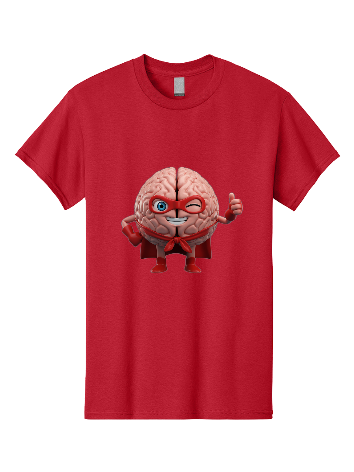 Brain-Superhero Men'S Graphic Tee, 100% Cotton, Comfortable Casual Summer Wear, Machine Washable, Cartoon Brain, Superhero Character, Comic Book Style, Flexing Muscles, Thumbs Up, Red Cape, Red Mask, Human Brain Illustration, Funny, Creative, Bae006 12