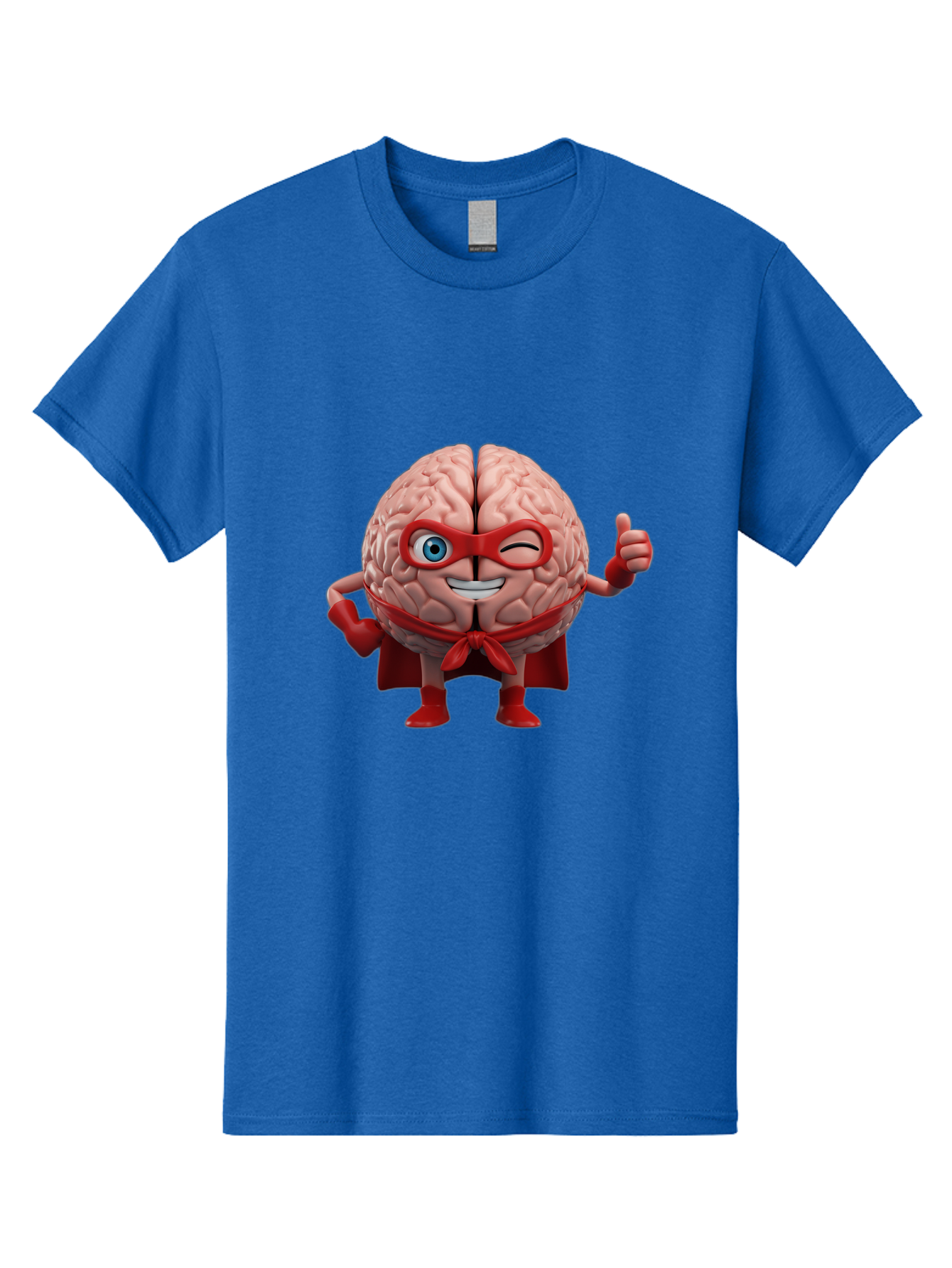 Brain-Superhero Men'S Graphic Tee, 100% Cotton, Comfortable Casual Summer Wear, Machine Washable, Cartoon Brain, Superhero Character, Comic Book Style, Flexing Muscles, Thumbs Up, Red Cape, Red Mask, Human Brain Illustration, Funny, Creative, Bae006 10