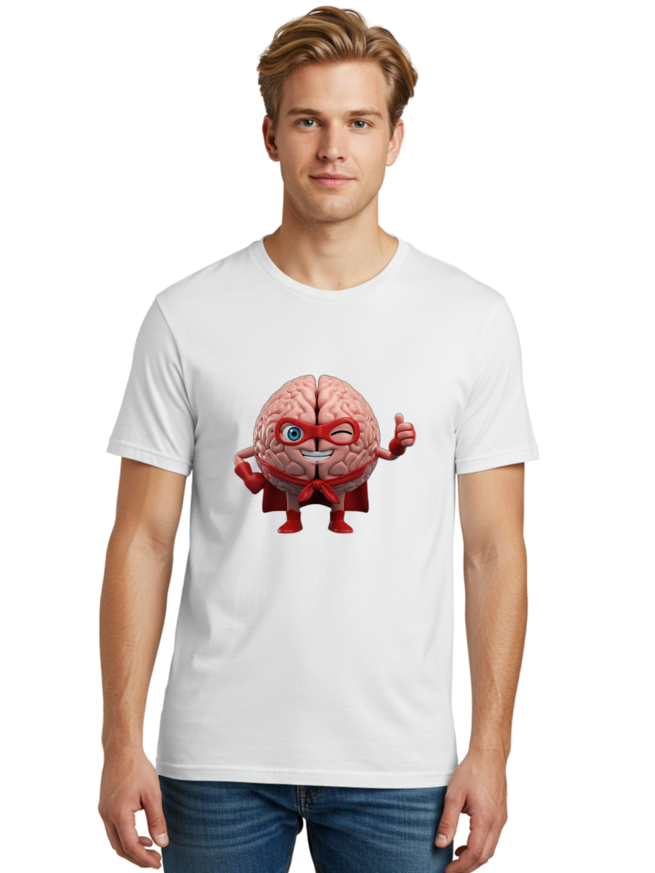 Brain-Superhero Men'S Graphic Tee, 100% Cotton, Comfortable Casual Summer Wear, Machine Washable, Cartoon Brain, Superhero Character, Comic Book Style, Flexing Muscles, Thumbs Up, Red Cape, Red Mask, Human Brain Illustration, Funny, Creative, Bae006 22