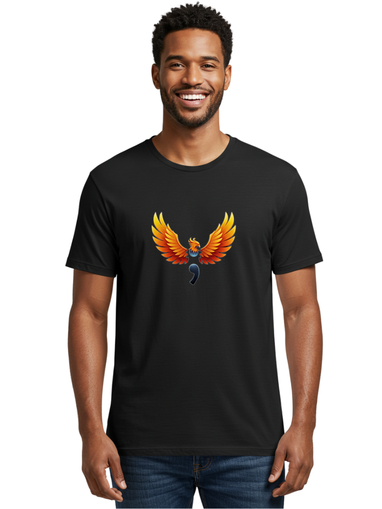 Comma-Semicolon-Phoenix Men'S Graphic Tee, 100% Cotton, Comfortable Casual Summer Wear, Machine Washable, Phoenix Rising, Fiery Bird, Orange Wings, Comma Symbol, Creative Artwork, Mythical Creature, Symbolic Representation, Vibrant Graphics, Bae012 21