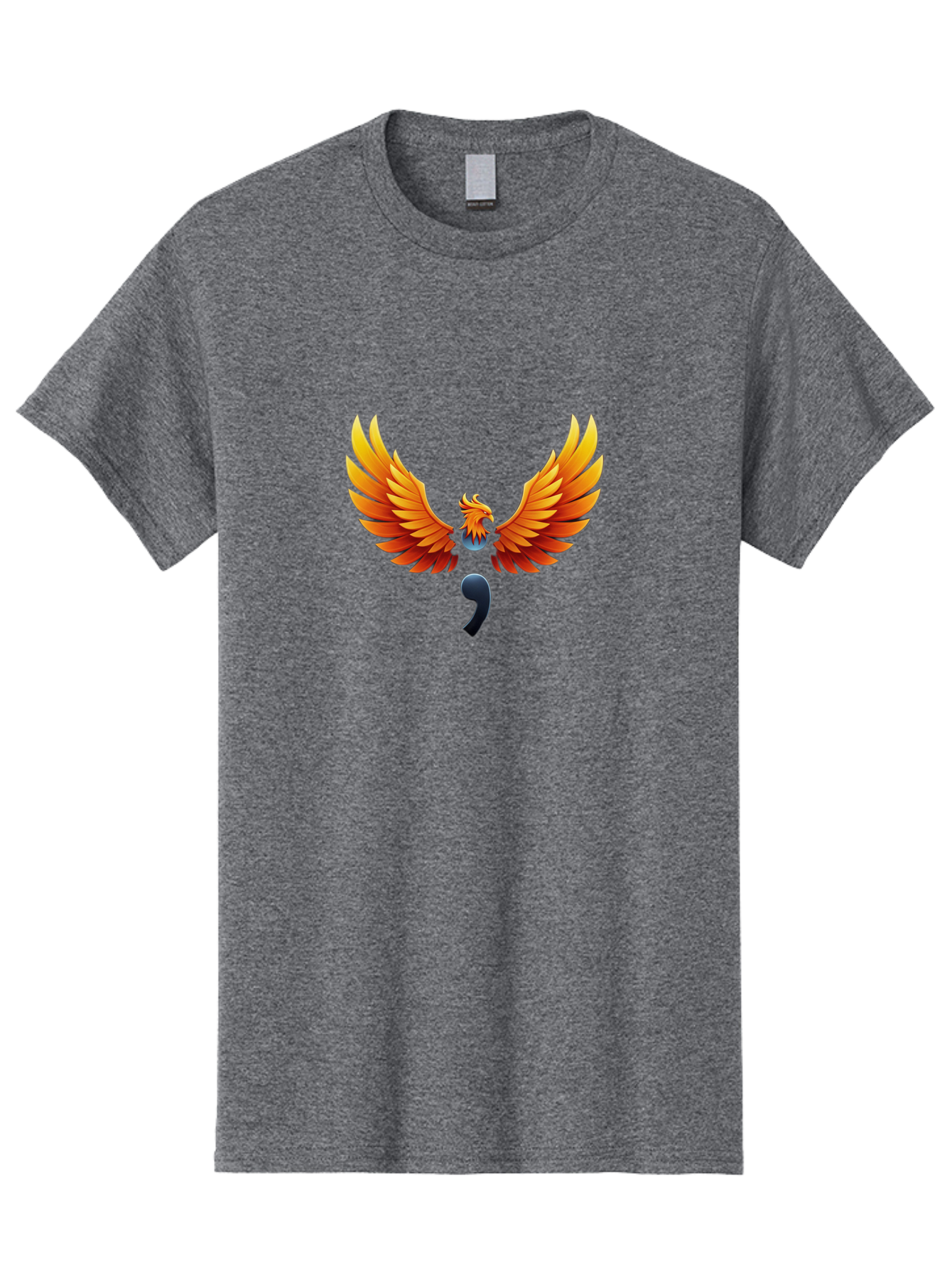 Comma-Semicolon-Phoenix Men'S Graphic Tee, 100% Cotton, Comfortable Casual Summer Wear, Machine Washable, Phoenix Rising, Fiery Bird, Orange Wings, Comma Symbol, Creative Artwork, Mythical Creature, Symbolic Representation, Vibrant Graphics, Bae012 12