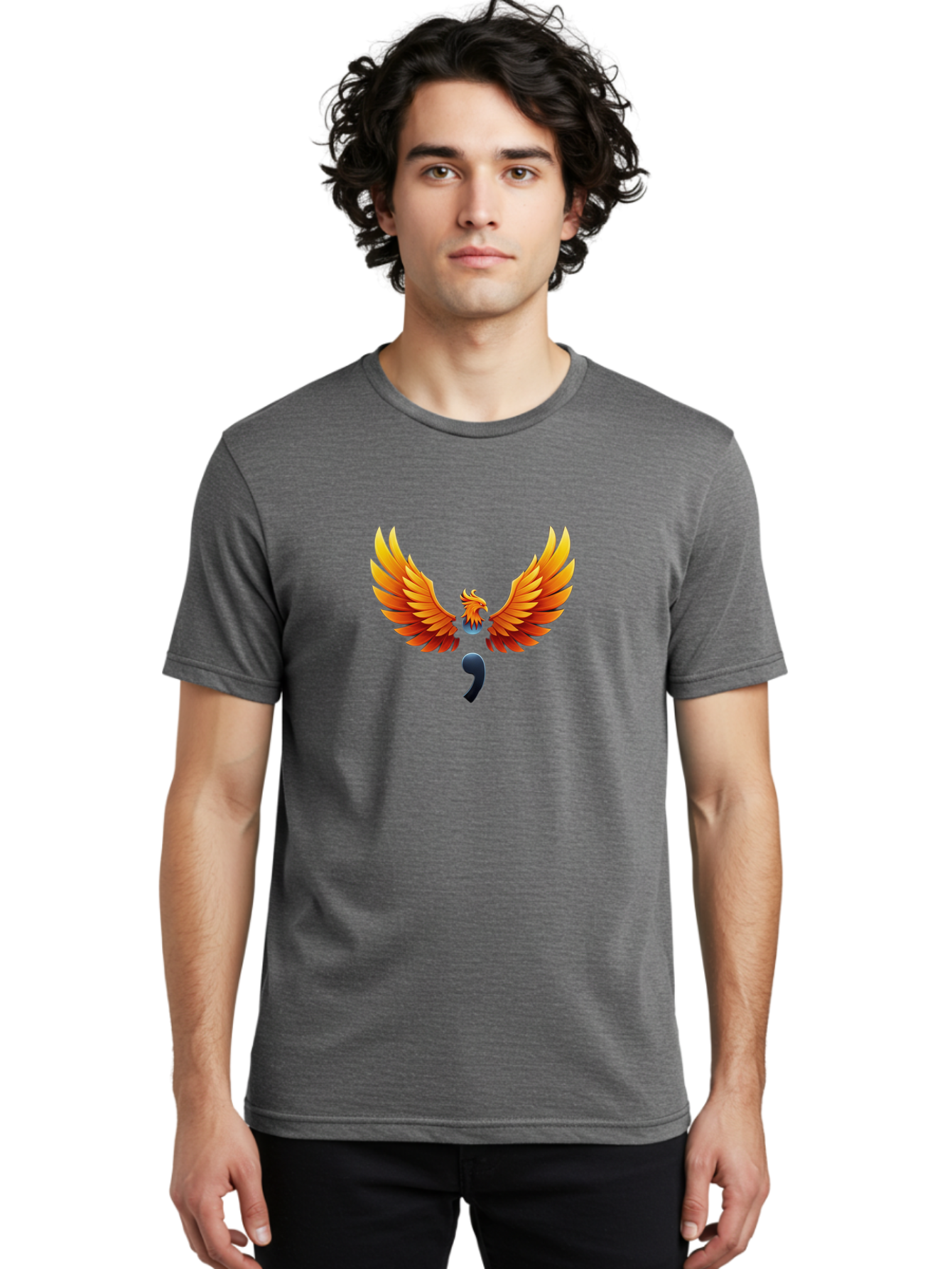 Comma-Semicolon-Phoenix Men'S Graphic Tee, 100% Cotton, Comfortable Casual Summer Wear, Machine Washable, Phoenix Rising, Fiery Bird, Orange Wings, Comma Symbol, Creative Artwork, Mythical Creature, Symbolic Representation, Vibrant Graphics, Bae012 27