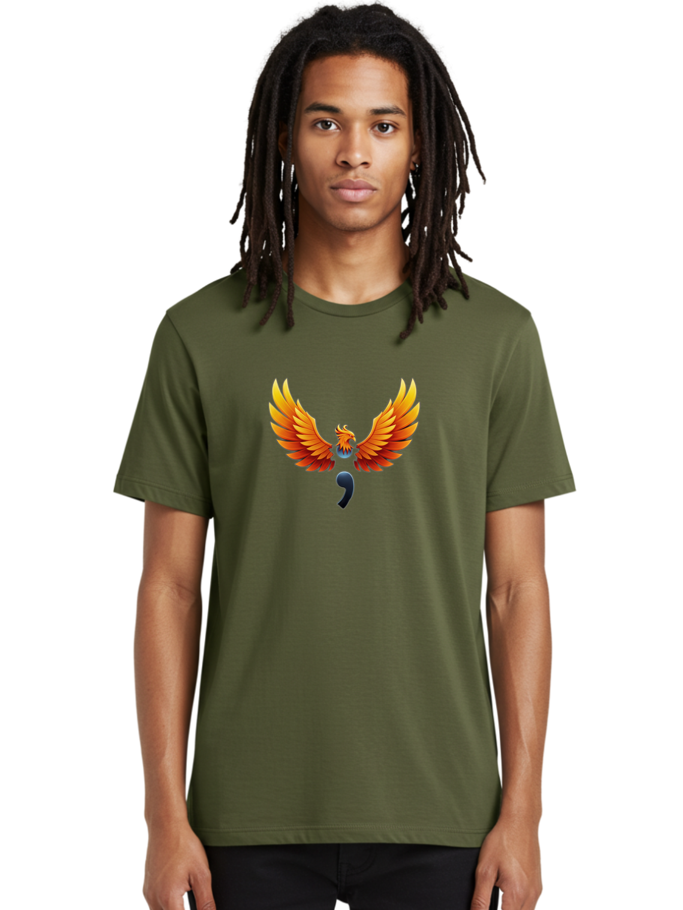 Comma-Semicolon-Phoenix Men'S Graphic Tee, 100% Cotton, Comfortable Casual Summer Wear, Machine Washable, Phoenix Rising, Fiery Bird, Orange Wings, Comma Symbol, Creative Artwork, Mythical Creature, Symbolic Representation, Vibrant Graphics, Bae012 20