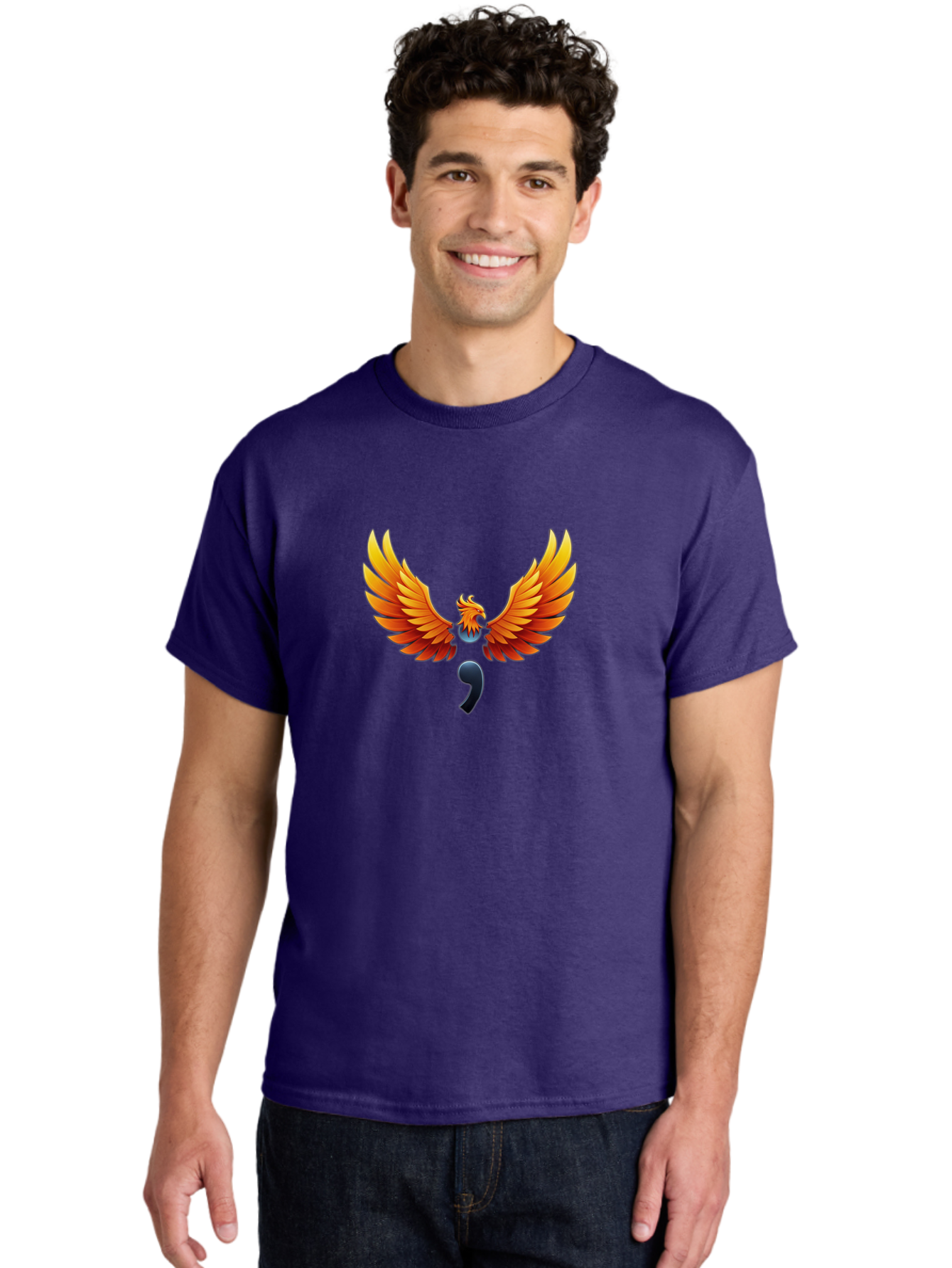 Comma-Semicolon-Phoenix Men'S Graphic Tee, 100% Cotton, Comfortable Casual Summer Wear, Machine Washable, Phoenix Rising, Fiery Bird, Orange Wings, Comma Symbol, Creative Artwork, Mythical Creature, Symbolic Representation, Vibrant Graphics, Bae012 26