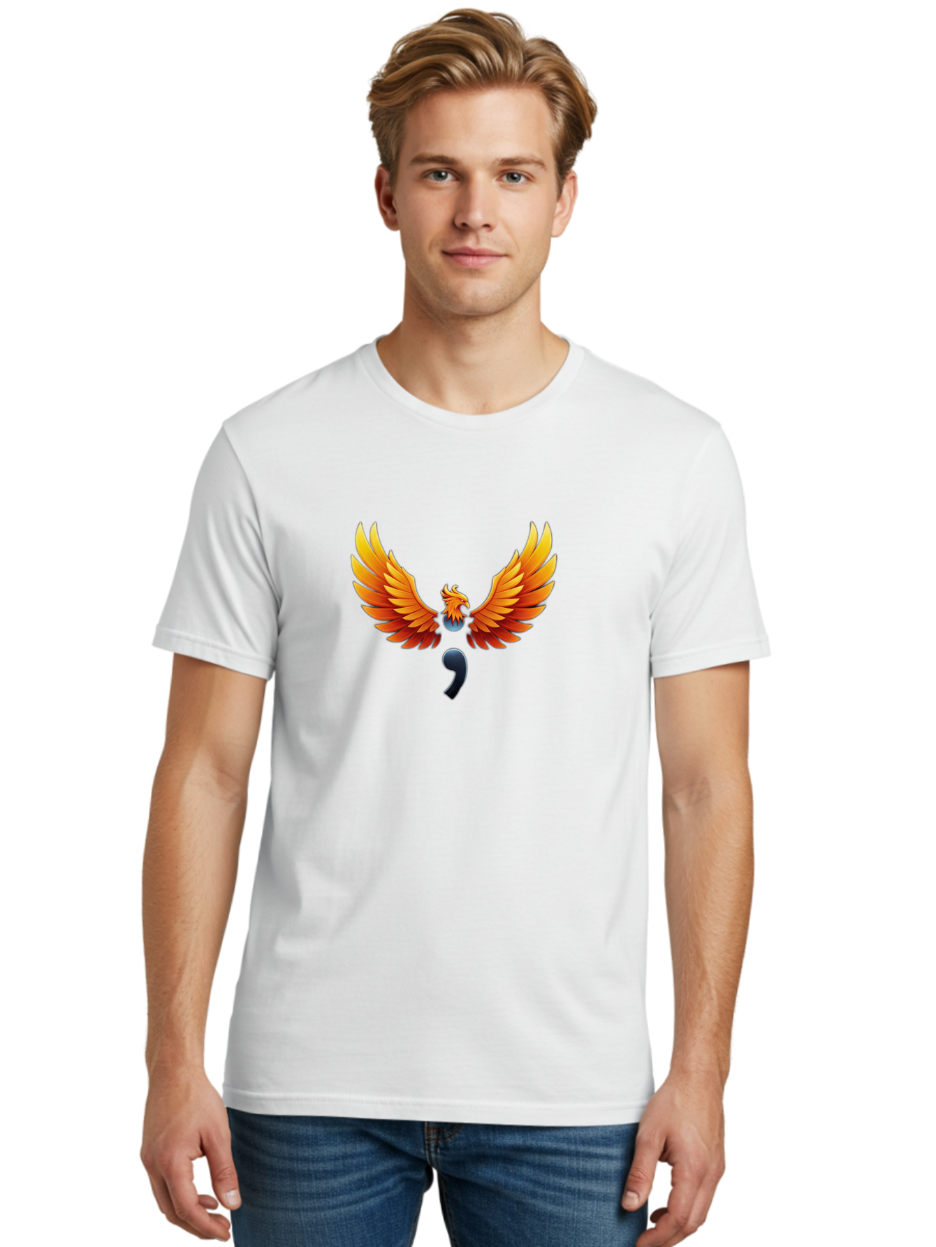 Comma-Semicolon-Phoenix Men'S Graphic Tee, 100% Cotton, Comfortable Casual Summer Wear, Machine Washable, Phoenix Rising, Fiery Bird, Orange Wings, Comma Symbol, Creative Artwork, Mythical Creature, Symbolic Representation, Vibrant Graphics, Bae012 16