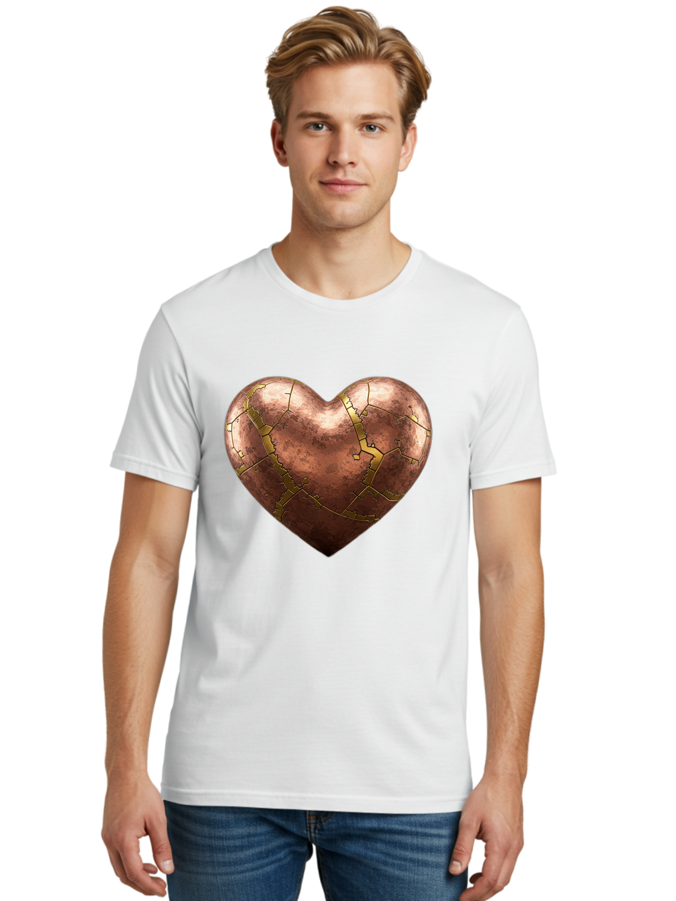 Cracked-Heart-2 Men'S Graphic Tee, 100% Cotton, Comfortable Casual Summer Wear, Machine Washable, Kintsugi Heart, Broken Heart, Cracked Heart, Heart Symbol, Repair, Restoration, Love, Heartbreak, Symbolism, Metaphor, Art, Gold, Broken Pieces Bae015 30