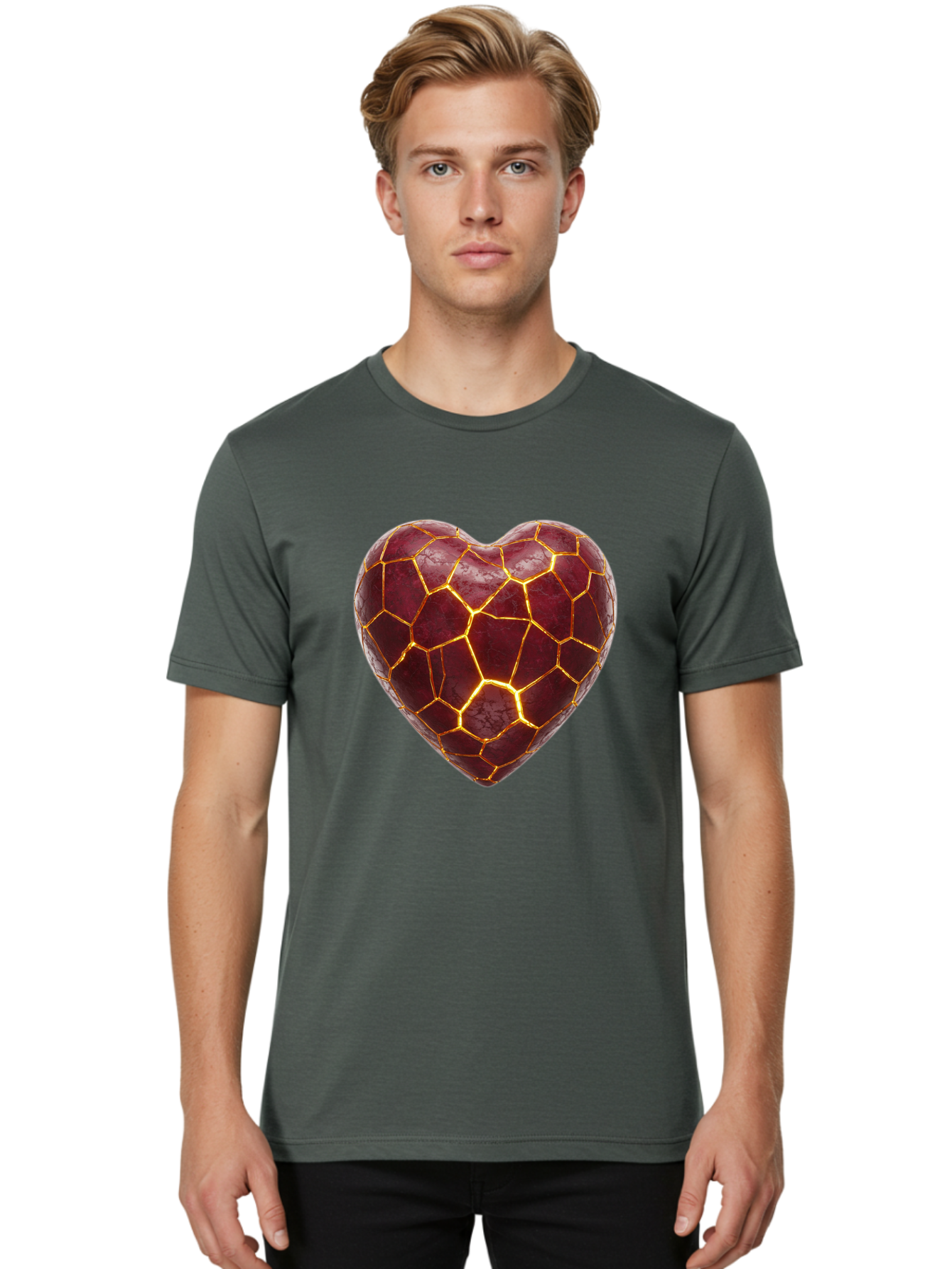 Glowing-Heart-Mosaic Men'S Graphic Tee, 100% Cotton, Comfortable Casual Summer Wear, Machine Washable, Heart Shape, Cracked Surface, Golden Veins, Love Symbol, Abstract Design, Fractured Heart, Emotional Representation, Unique Texture, Bae022 17