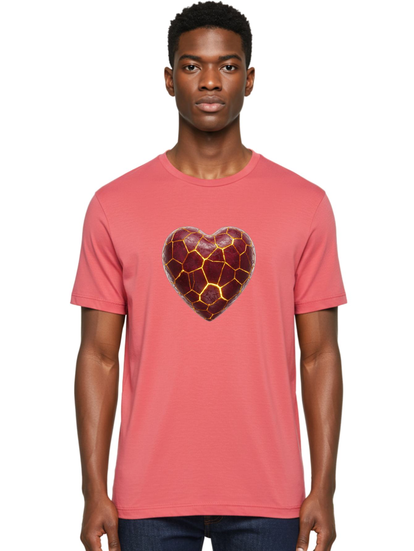 Glowing-Heart-Mosaic Men'S Graphic Tee, 100% Cotton, Comfortable Casual Summer Wear, Machine Washable, Heart Shape, Cracked Surface, Golden Veins, Love Symbol, Abstract Design, Fractured Heart, Emotional Representation, Unique Texture, Bae022 27