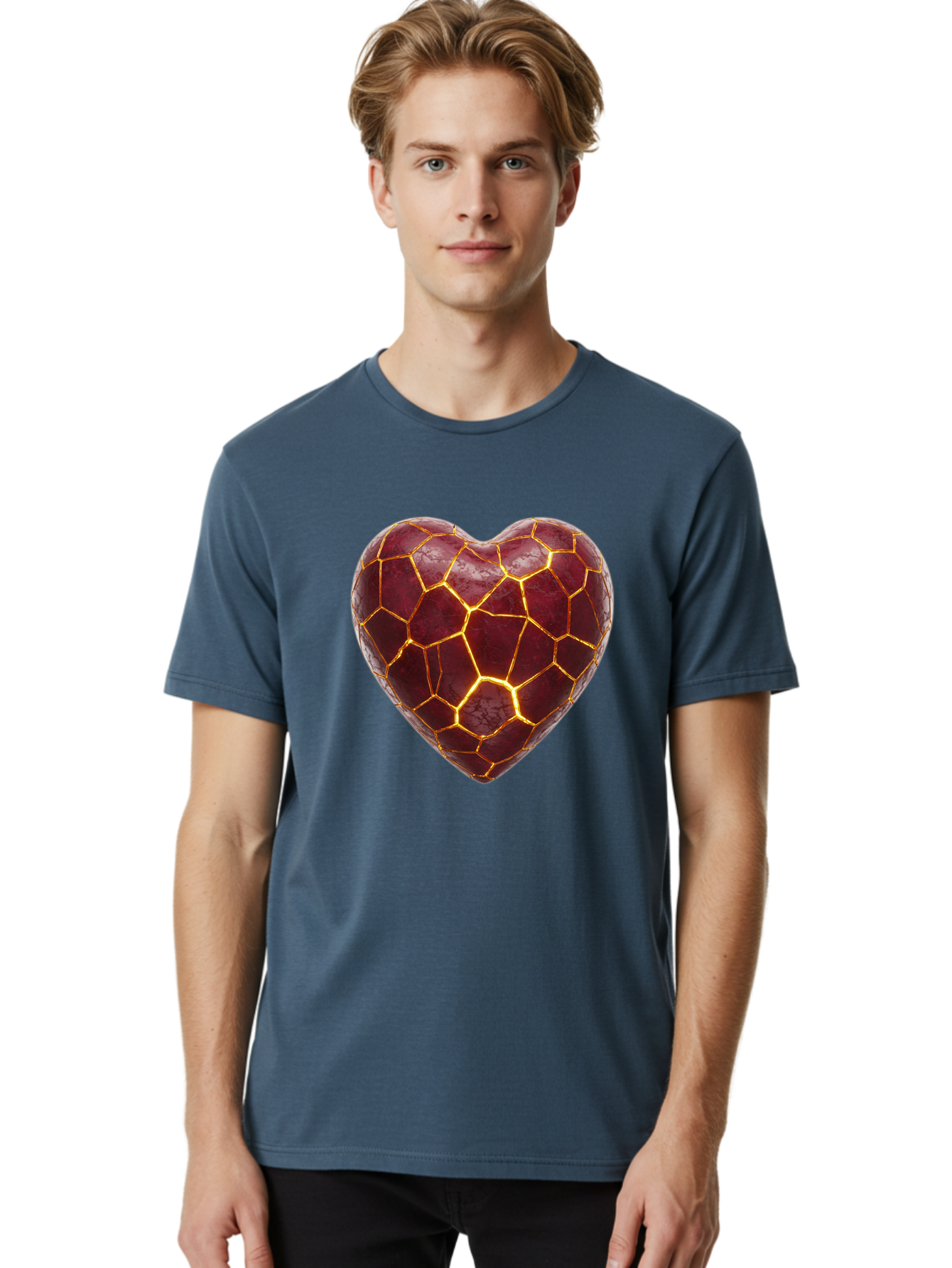 Glowing-Heart-Mosaic Men'S Graphic Tee, 100% Cotton, Comfortable Casual Summer Wear, Machine Washable, Heart Shape, Cracked Surface, Golden Veins, Love Symbol, Abstract Design, Fractured Heart, Emotional Representation, Unique Texture, Bae022 24