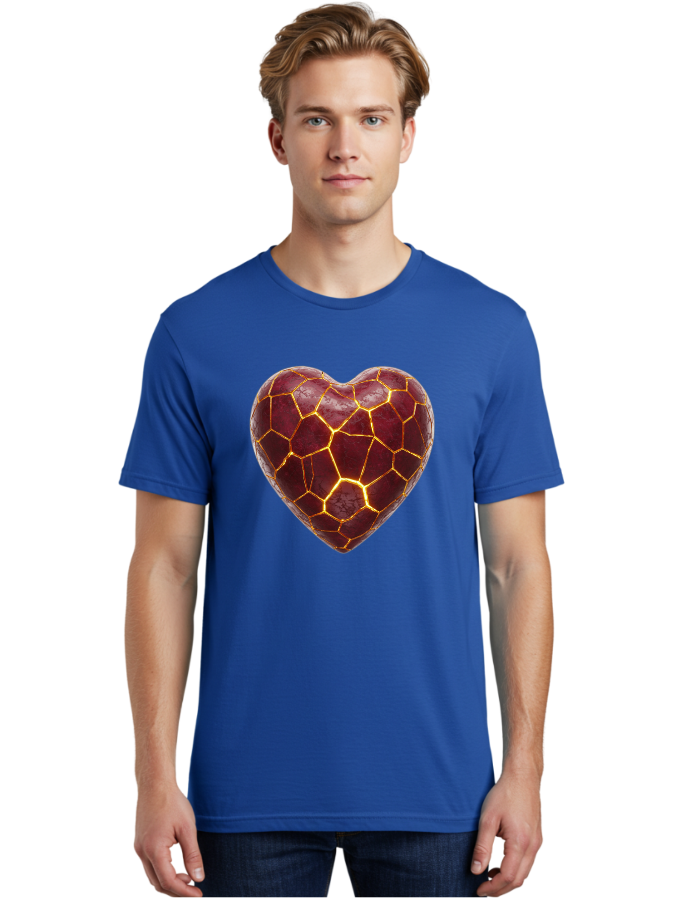 Glowing-Heart-Mosaic Men'S Graphic Tee, 100% Cotton, Comfortable Casual Summer Wear, Machine Washable, Heart Shape, Cracked Surface, Golden Veins, Love Symbol, Abstract Design, Fractured Heart, Emotional Representation, Unique Texture, Bae022 21