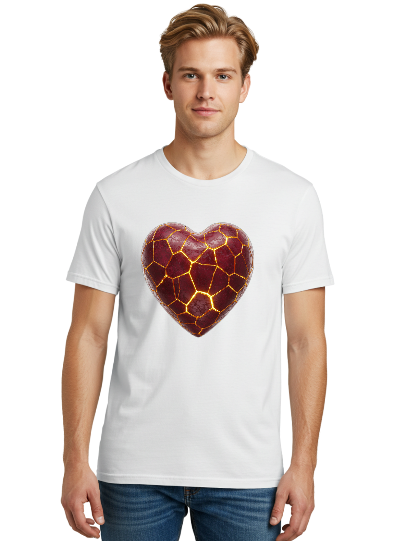 Glowing-Heart-Mosaic Men'S Graphic Tee, 100% Cotton, Comfortable Casual Summer Wear, Machine Washable, Heart Shape, Cracked Surface, Golden Veins, Love Symbol, Abstract Design, Fractured Heart, Emotional Representation, Unique Texture, Bae022 22