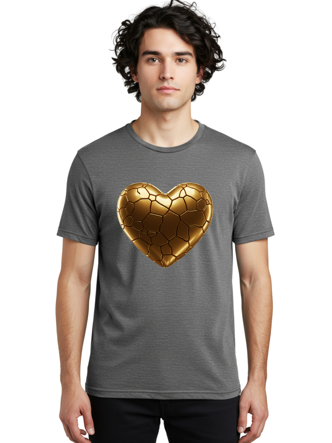 Gold-Heart Men'S Graphic Tee, 100% Cotton, Comfortable Casual Summer Wear, Machine Washable, Gold Heart, Mosaic Pattern, Heart-Shaped, Geometric Design, Luxury, Gold Finish, 3D Rendering, Cracked Pattern, Valentine'S Day, Love Symbol Bae023 18
