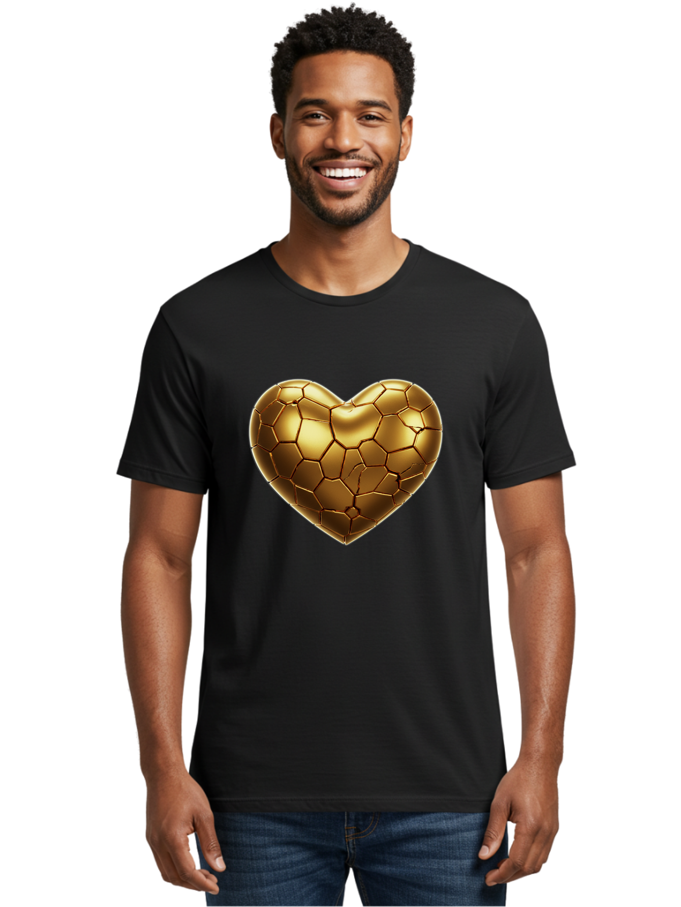 Golden-Heart-1 Men'S Graphic Tee, 100% Cotton, Comfortable Casual Summer Wear, Machine Washable, Shiny Gold Heart, Cracked Surface, Metallic Texture, Valentines Day Symbol, Love Icon, Golden Love, Heart Shape, Luxury Design Bae024 28