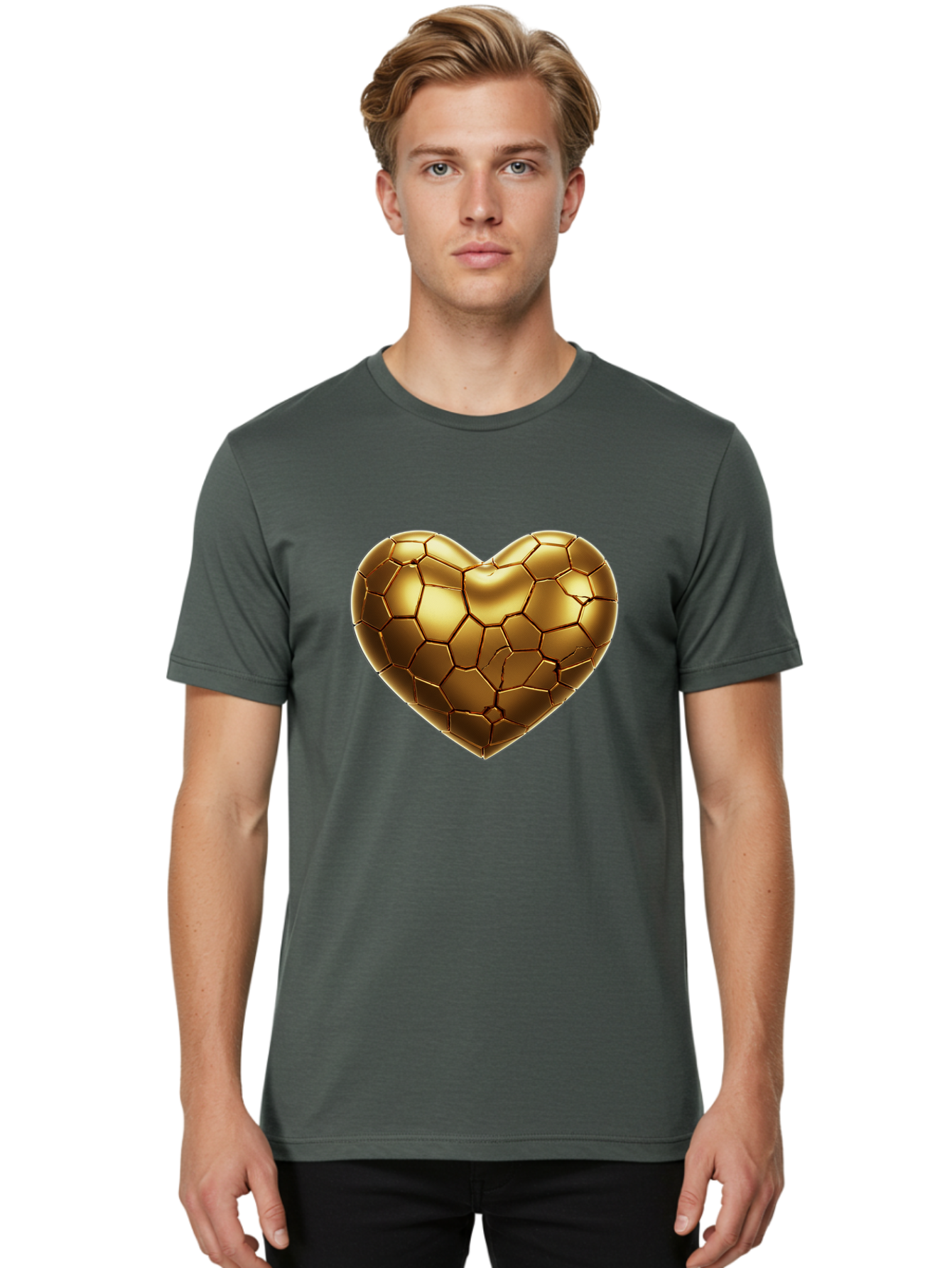 Golden-Heart-1 Men'S Graphic Tee, 100% Cotton, Comfortable Casual Summer Wear, Machine Washable, Shiny Gold Heart, Cracked Surface, Metallic Texture, Valentines Day Symbol, Love Icon, Golden Love, Heart Shape, Luxury Design Bae024 25