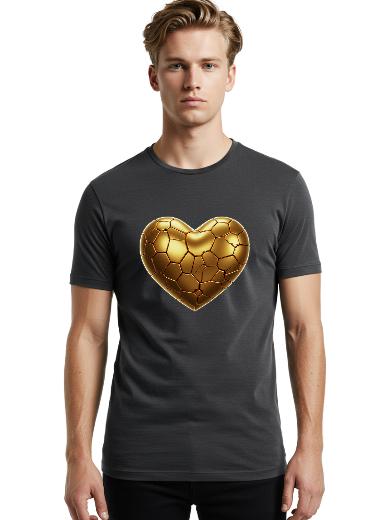 Golden-Heart-1 Men'S Graphic Tee, 100% Cotton, Comfortable Casual Summer Wear, Machine Washable, Shiny Gold Heart, Cracked Surface, Metallic Texture, Valentines Day Symbol, Love Icon, Golden Love, Heart Shape, Luxury Design Bae024 19