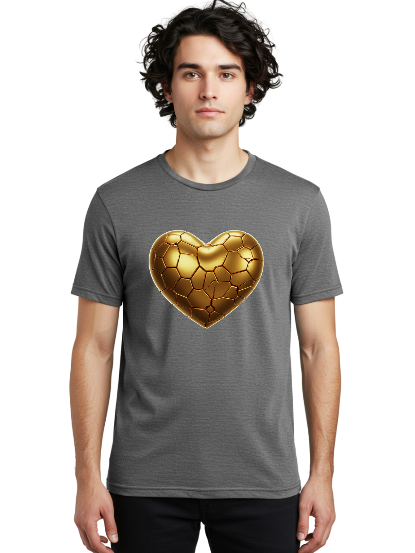 Golden-Heart-1 Men'S Graphic Tee, 100% Cotton, Comfortable Casual Summer Wear, Machine Washable, Shiny Gold Heart, Cracked Surface, Metallic Texture, Valentines Day Symbol, Love Icon, Golden Love, Heart Shape, Luxury Design Bae024 17