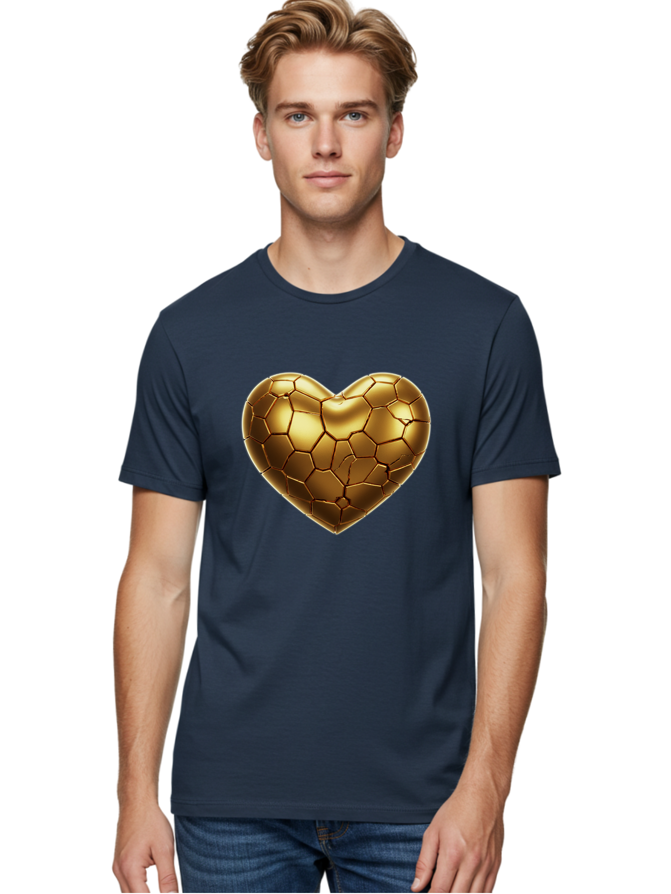 Golden-Heart-1 Men'S Graphic Tee, 100% Cotton, Comfortable Casual Summer Wear, Machine Washable, Shiny Gold Heart, Cracked Surface, Metallic Texture, Valentines Day Symbol, Love Icon, Golden Love, Heart Shape, Luxury Design Bae024 27