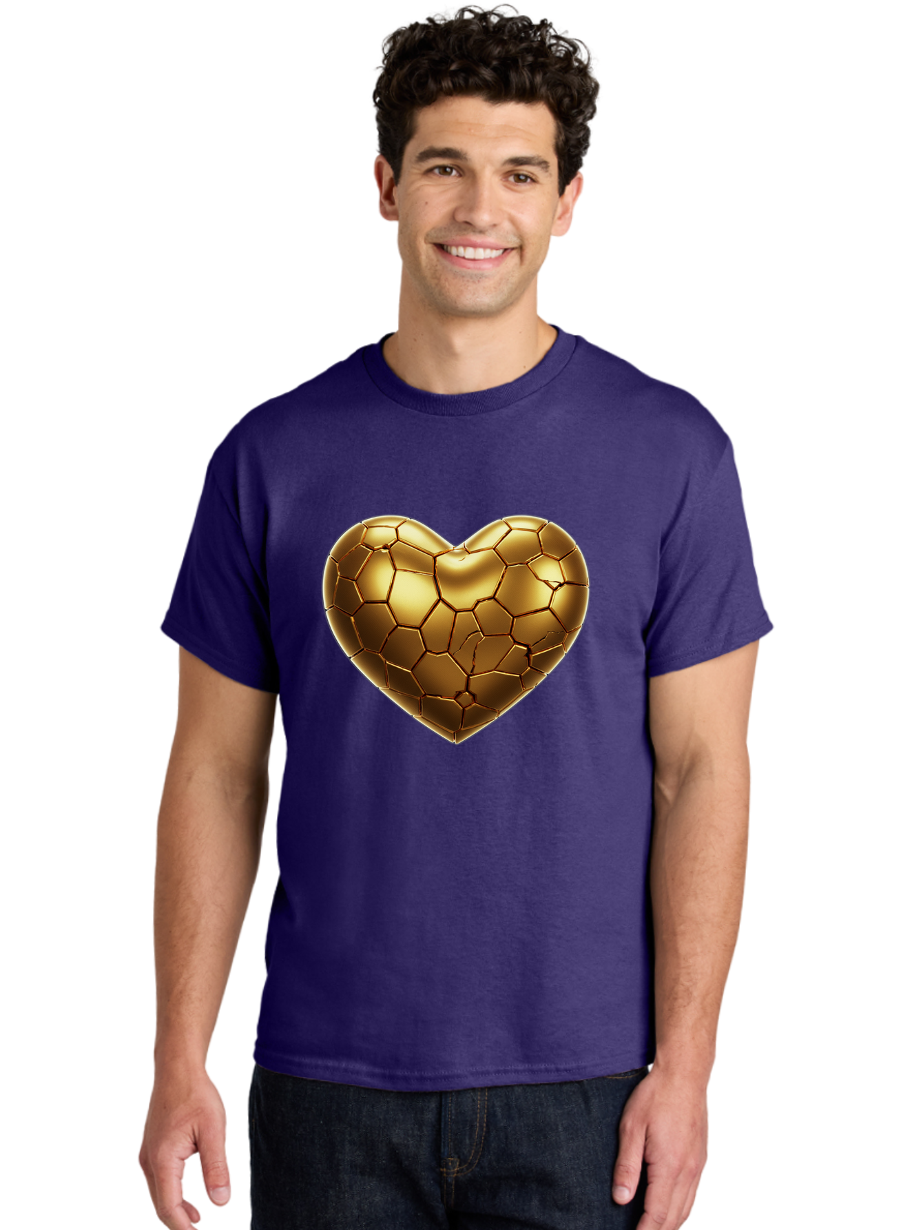 Golden-Heart-1 Men'S Graphic Tee, 100% Cotton, Comfortable Casual Summer Wear, Machine Washable, Shiny Gold Heart, Cracked Surface, Metallic Texture, Valentines Day Symbol, Love Icon, Golden Love, Heart Shape, Luxury Design Bae024 24