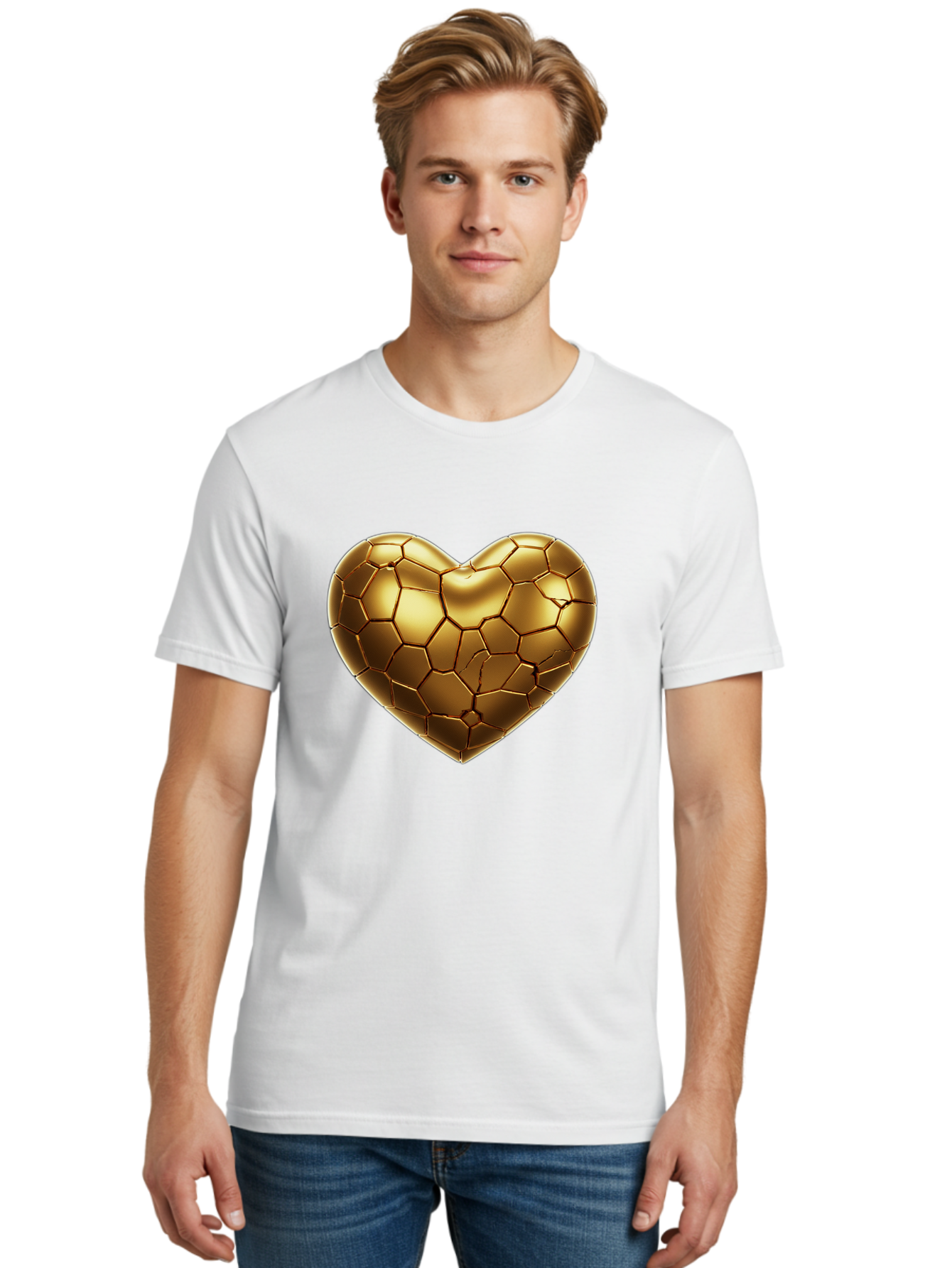 Golden-Heart-1 Men'S Graphic Tee, 100% Cotton, Comfortable Casual Summer Wear, Machine Washable, Shiny Gold Heart, Cracked Surface, Metallic Texture, Valentines Day Symbol, Love Icon, Golden Love, Heart Shape, Luxury Design Bae024 21