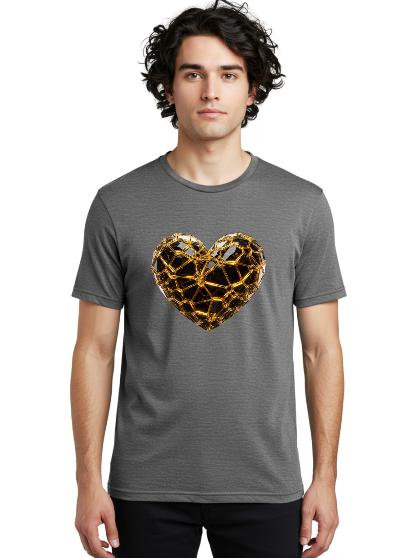 Golden-Heart Men'S Graphic Tee, 100% Cotton, Comfortable Casual Summer Wear, Machine Washable, Golden Heart, 3D Heart, Geometric Pattern, Luxury Design, Valentines Day, Love Symbol, Abstract Art, Modern Decoration, Gold Texture Bae025 29