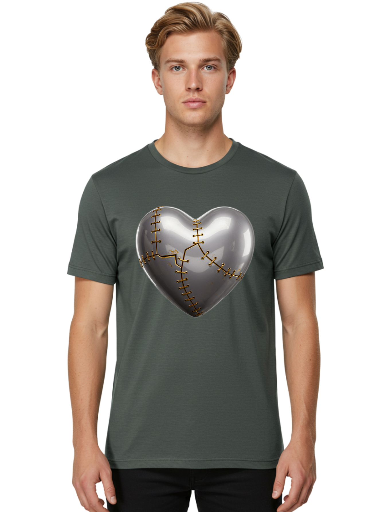 Gray-Heart-With-Gold-Stitches Men'S Graphic Tee, 100% Cotton, Comfortable Casual Summer Wear, Machine Washable, Broken Heart, Kintsugi Repair, Gold Stitching, Mended Love, Heartbreak Healing, Symbolic Art, 3D Rendering, Emotional Recovery, Bae026 15