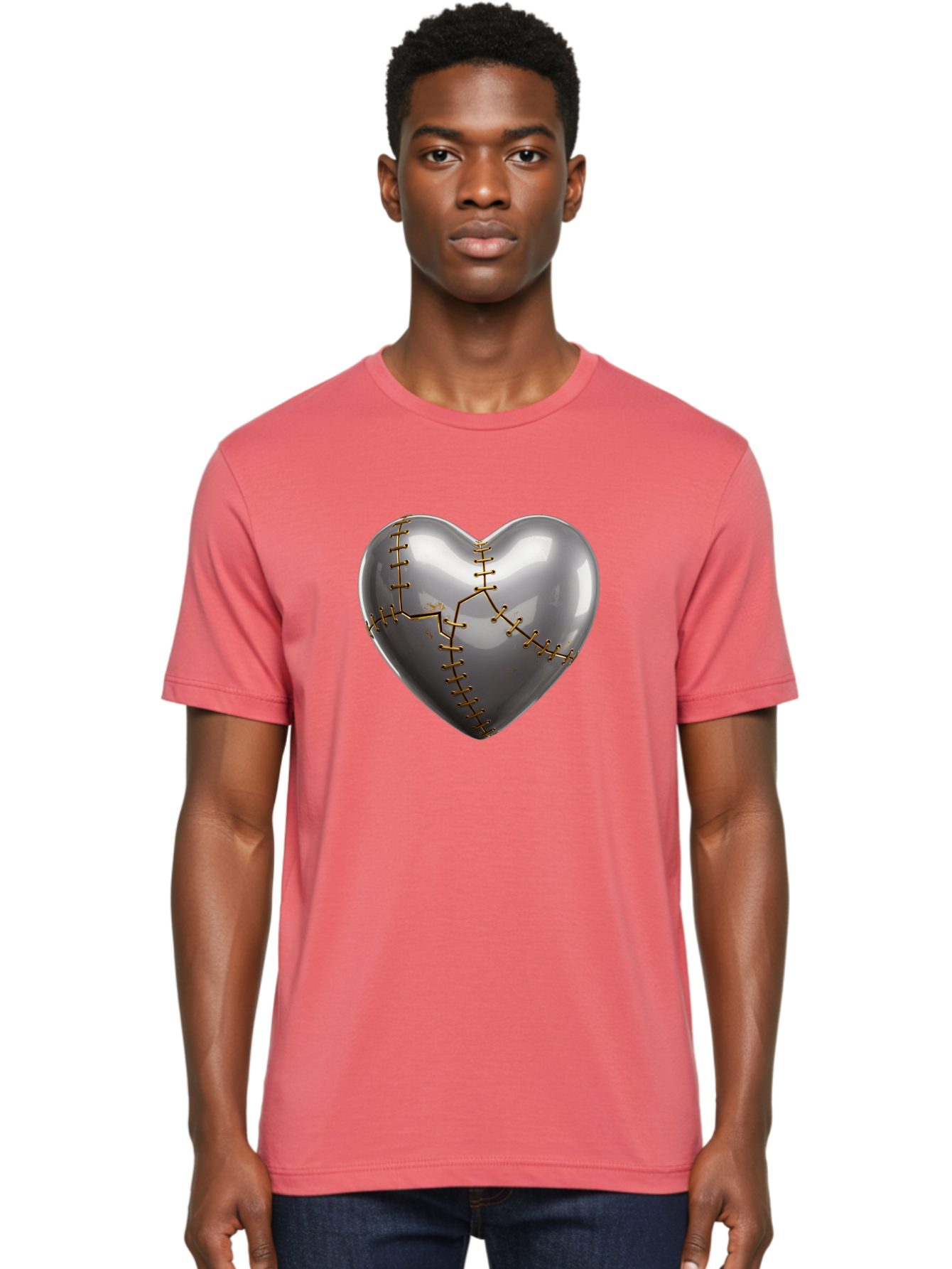 Gray-Heart-With-Gold-Stitches Men'S Graphic Tee, 100% Cotton, Comfortable Casual Summer Wear, Machine Washable, Broken Heart, Kintsugi Repair, Gold Stitching, Mended Love, Heartbreak Healing, Symbolic Art, 3D Rendering, Emotional Recovery, Bae026 17