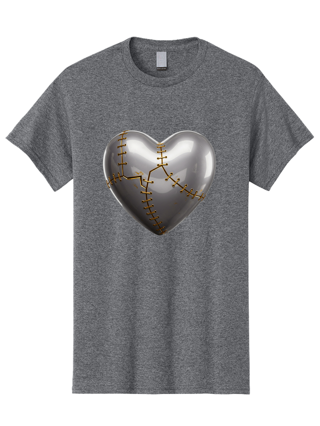 Gray-Heart-With-Gold-Stitches Men'S Graphic Tee, 100% Cotton, Comfortable Casual Summer Wear, Machine Washable, Broken Heart, Kintsugi Repair, Gold Stitching, Mended Love, Heartbreak Healing, Symbolic Art, 3D Rendering, Emotional Recovery, Bae026 4