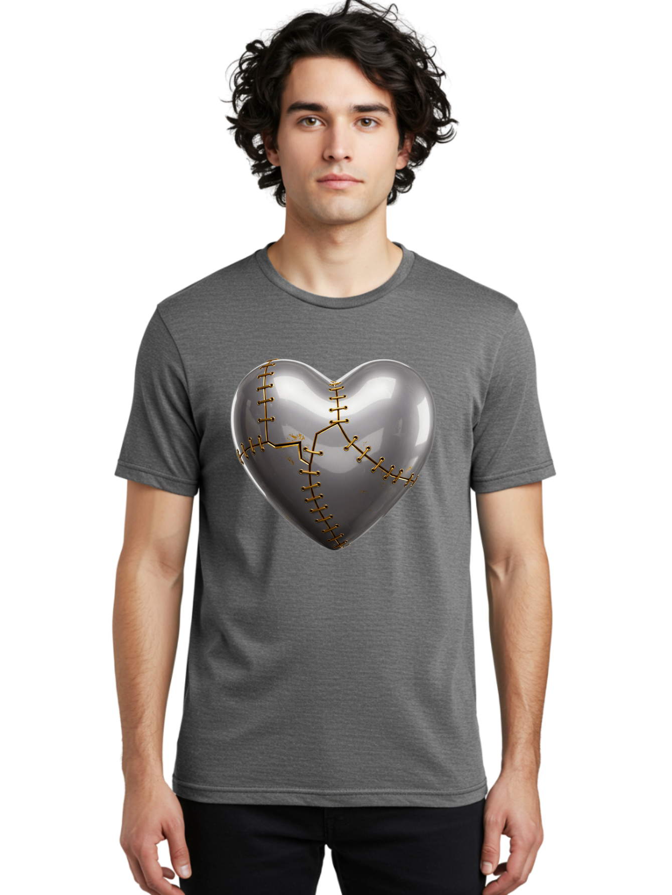 Gray-Heart-With-Gold-Stitches Men'S Graphic Tee, 100% Cotton, Comfortable Casual Summer Wear, Machine Washable, Broken Heart, Kintsugi Repair, Gold Stitching, Mended Love, Heartbreak Healing, Symbolic Art, 3D Rendering, Emotional Recovery, Bae026 18