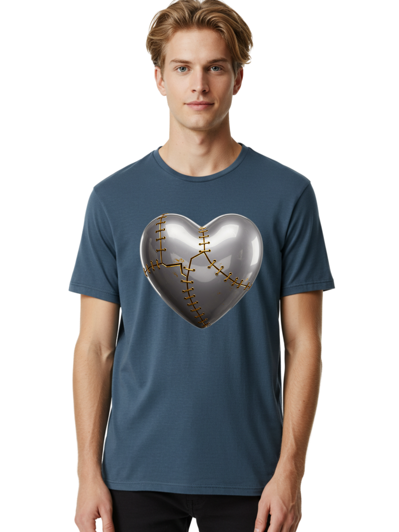 Gray-Heart-With-Gold-Stitches Men'S Graphic Tee, 100% Cotton, Comfortable Casual Summer Wear, Machine Washable, Broken Heart, Kintsugi Repair, Gold Stitching, Mended Love, Heartbreak Healing, Symbolic Art, 3D Rendering, Emotional Recovery, Bae026 29