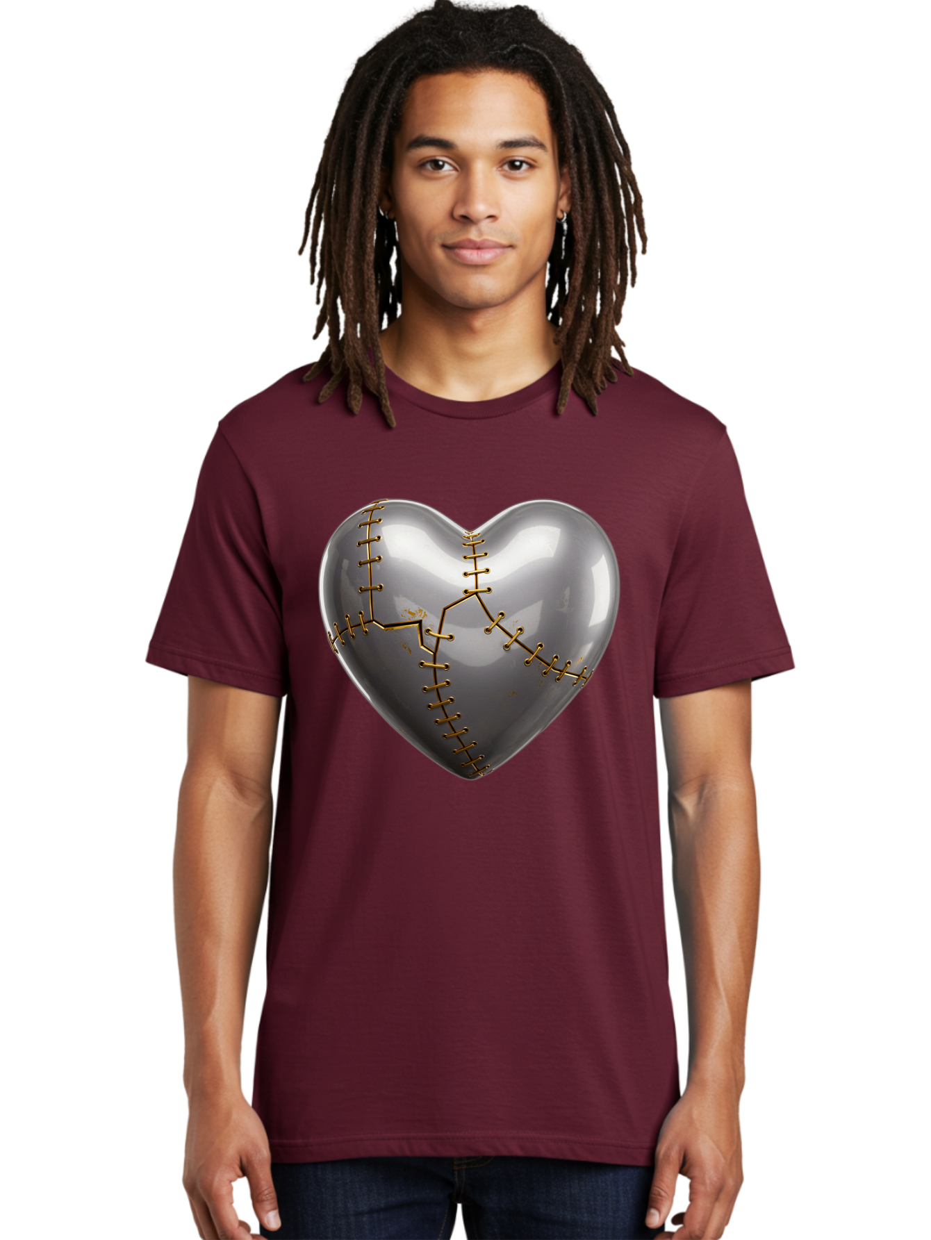 Gray-Heart-With-Gold-Stitches Men'S Graphic Tee, 100% Cotton, Comfortable Casual Summer Wear, Machine Washable, Broken Heart, Kintsugi Repair, Gold Stitching, Mended Love, Heartbreak Healing, Symbolic Art, 3D Rendering, Emotional Recovery, Bae026 22