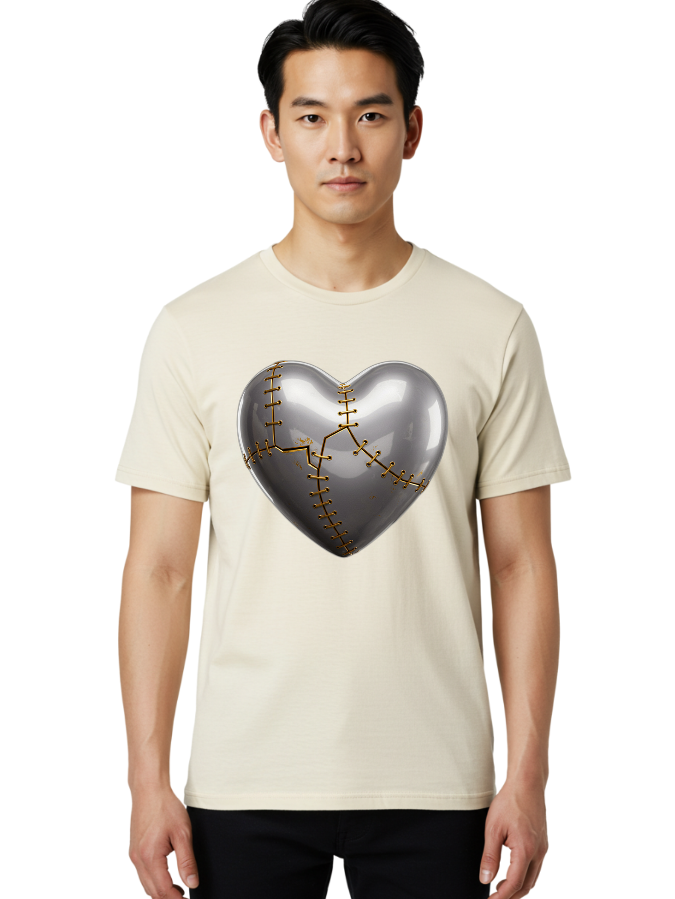 Gray-Heart-With-Gold-Stitches Men'S Graphic Tee, 100% Cotton, Comfortable Casual Summer Wear, Machine Washable, Broken Heart, Kintsugi Repair, Gold Stitching, Mended Love, Heartbreak Healing, Symbolic Art, 3D Rendering, Emotional Recovery, Bae026 24