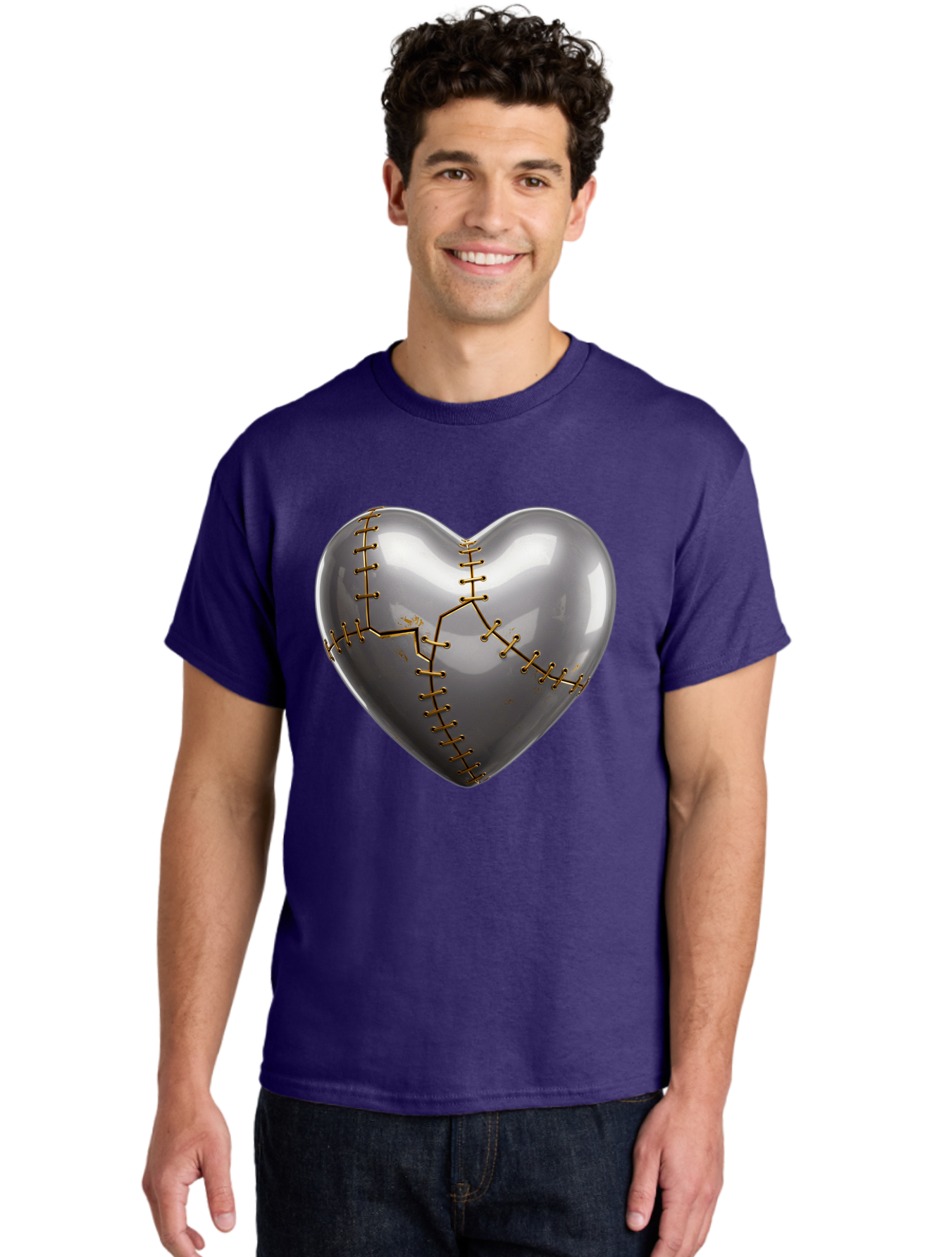 Gray-Heart-With-Gold-Stitches Men'S Graphic Tee, 100% Cotton, Comfortable Casual Summer Wear, Machine Washable, Broken Heart, Kintsugi Repair, Gold Stitching, Mended Love, Heartbreak Healing, Symbolic Art, 3D Rendering, Emotional Recovery, Bae026 28