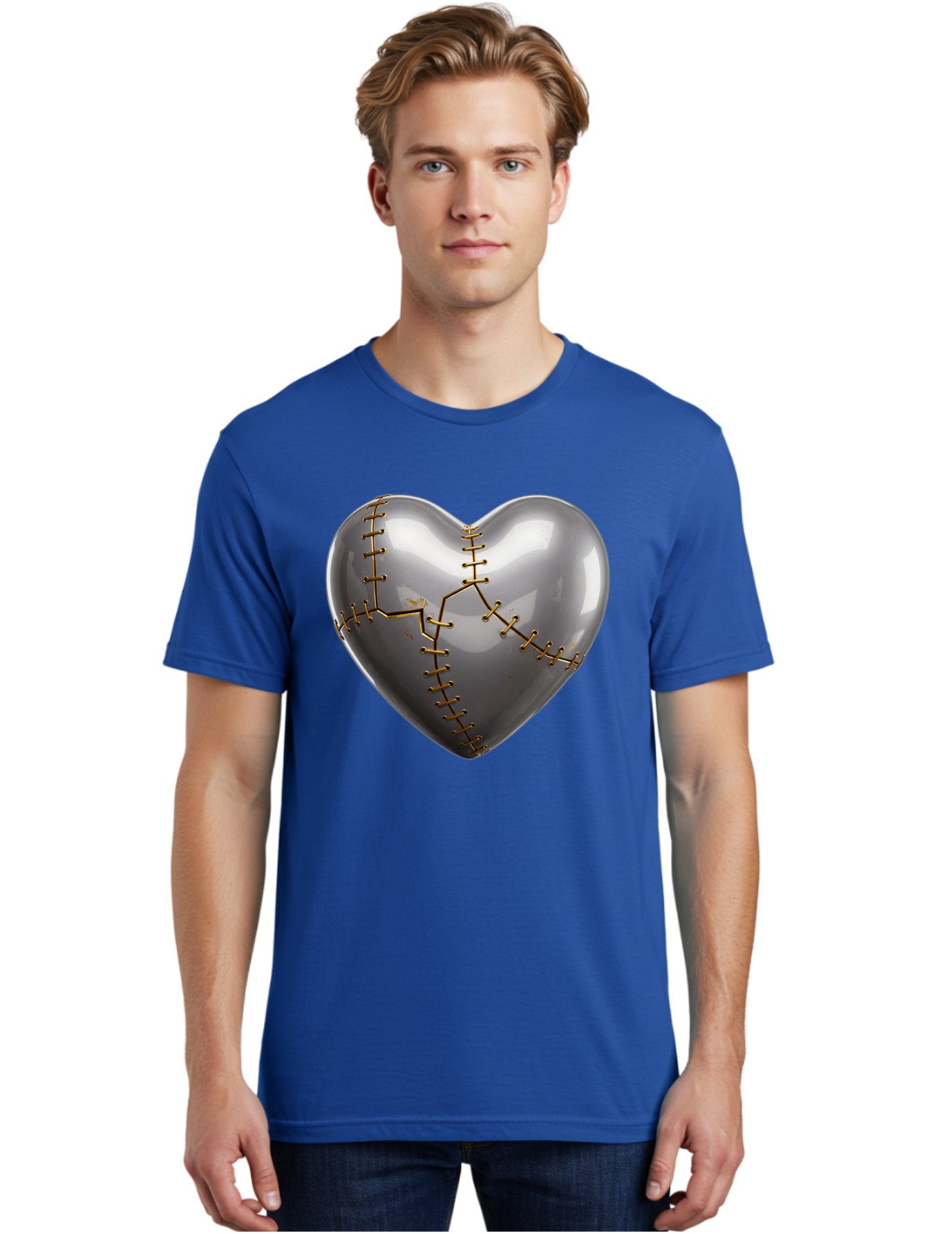 Gray-Heart-With-Gold-Stitches Men'S Graphic Tee, 100% Cotton, Comfortable Casual Summer Wear, Machine Washable, Broken Heart, Kintsugi Repair, Gold Stitching, Mended Love, Heartbreak Healing, Symbolic Art, 3D Rendering, Emotional Recovery, Bae026 26