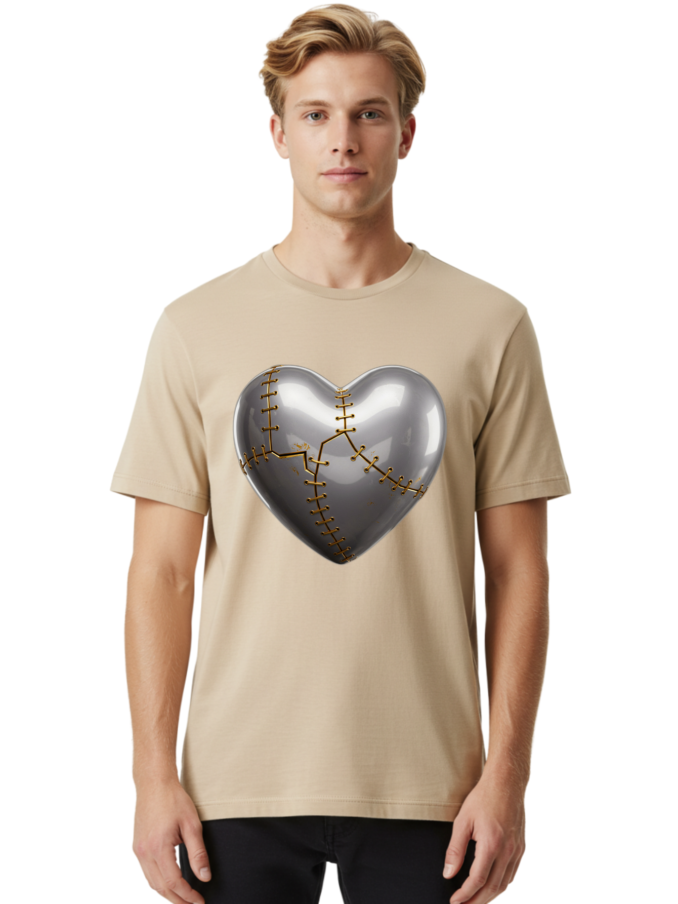 Gray-Heart-With-Gold-Stitches Men'S Graphic Tee, 100% Cotton, Comfortable Casual Summer Wear, Machine Washable, Broken Heart, Kintsugi Repair, Gold Stitching, Mended Love, Heartbreak Healing, Symbolic Art, 3D Rendering, Emotional Recovery, Bae026 23