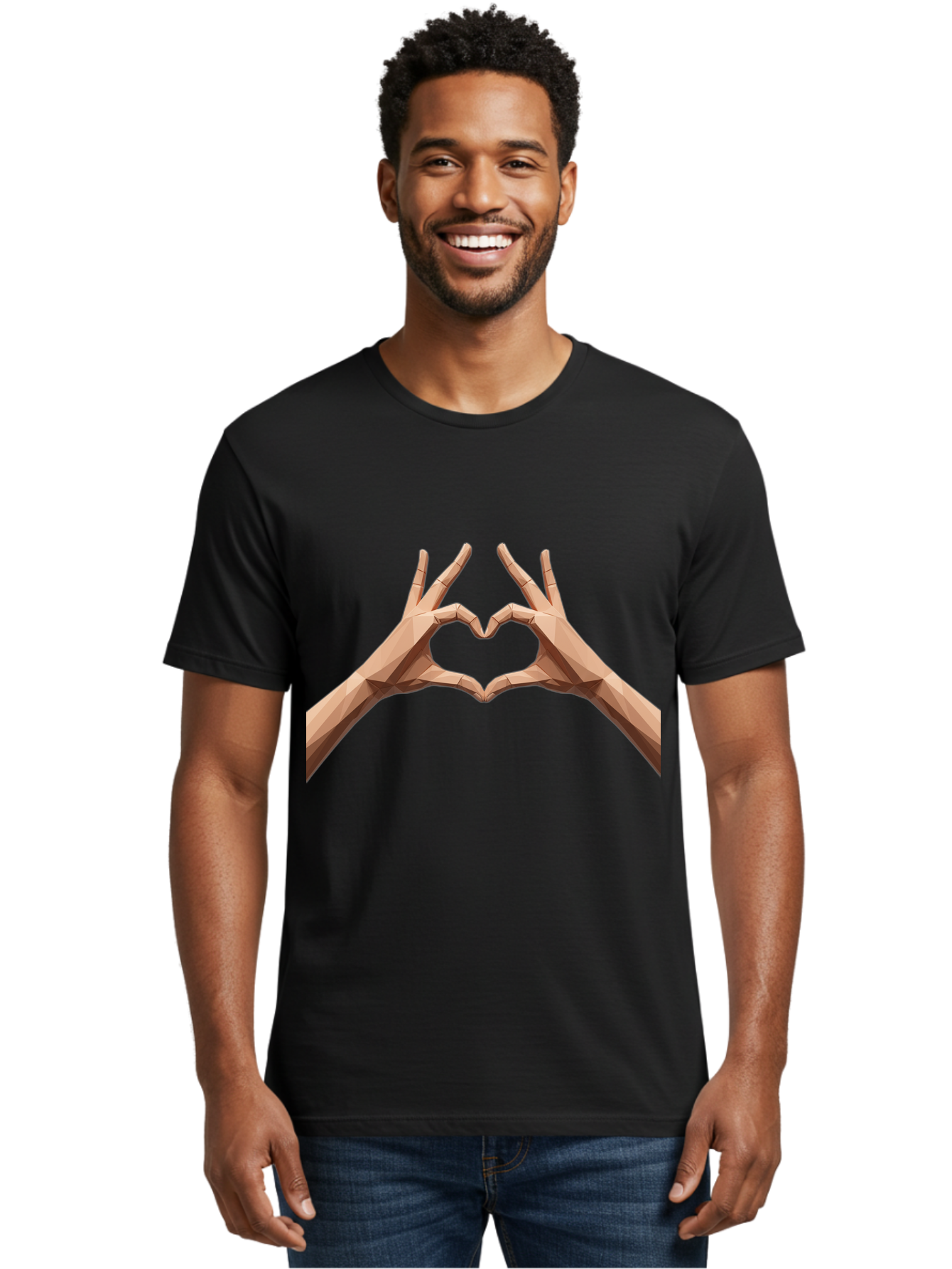 Hands-Heart-Gesture Men'S Graphic Tee, 100% Cotton, Comfortable Casual Summer Wear, Machine Washable, Low Poly Hands, Heart Shape, Love Symbol, 3D Art, Geometric Design, Affectionate Gesture, Digital Illustration, Heart Hands Bae028 16