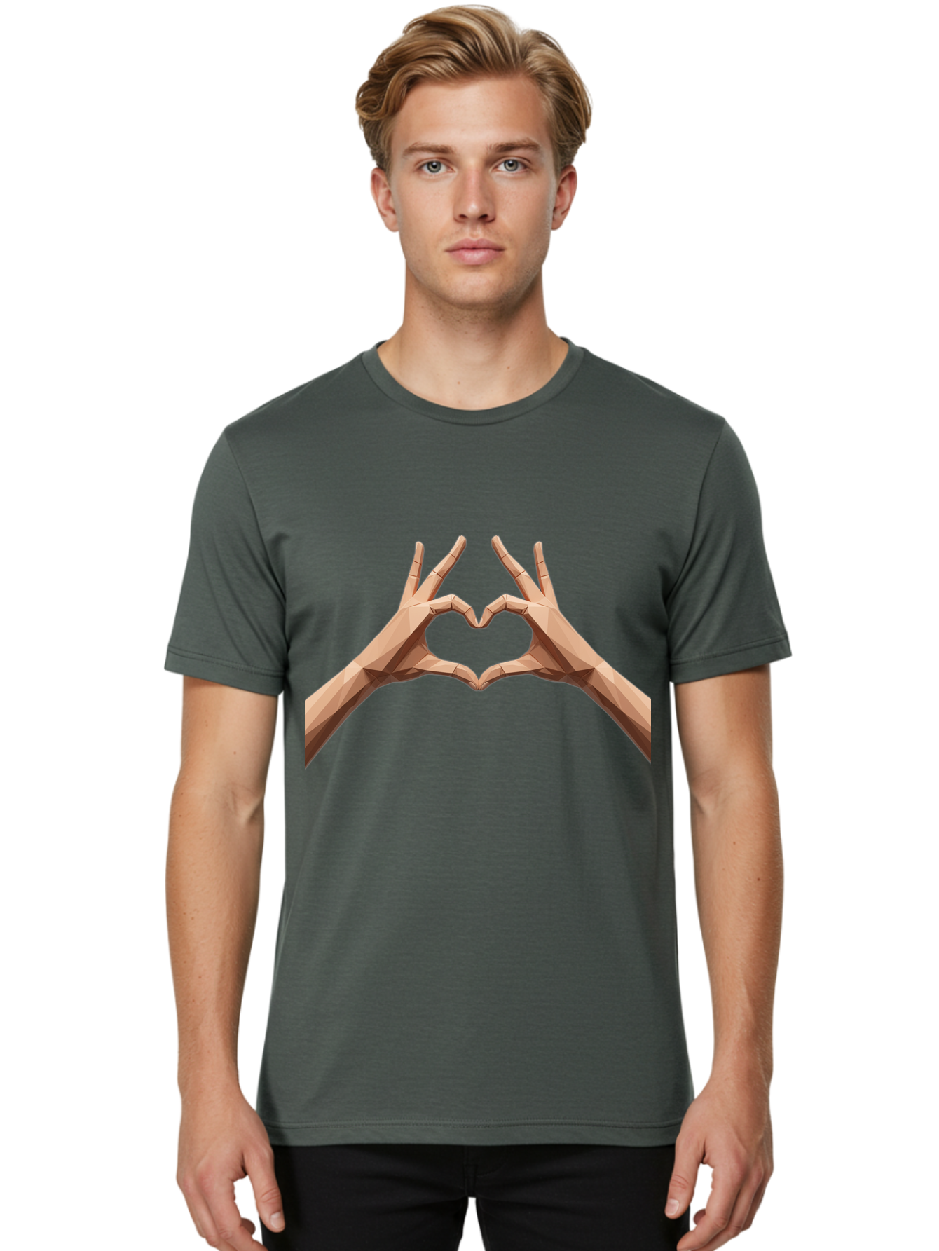 Hands-Heart-Gesture Men'S Graphic Tee, 100% Cotton, Comfortable Casual Summer Wear, Machine Washable, Low Poly Hands, Heart Shape, Love Symbol, 3D Art, Geometric Design, Affectionate Gesture, Digital Illustration, Heart Hands Bae028 30