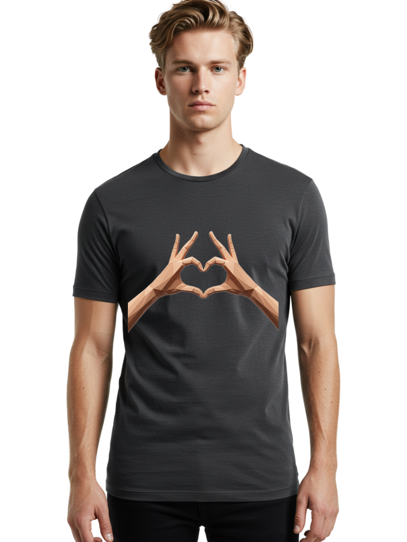 Hands-Heart-Gesture Men'S Graphic Tee, 100% Cotton, Comfortable Casual Summer Wear, Machine Washable, Low Poly Hands, Heart Shape, Love Symbol, 3D Art, Geometric Design, Affectionate Gesture, Digital Illustration, Heart Hands Bae028 23