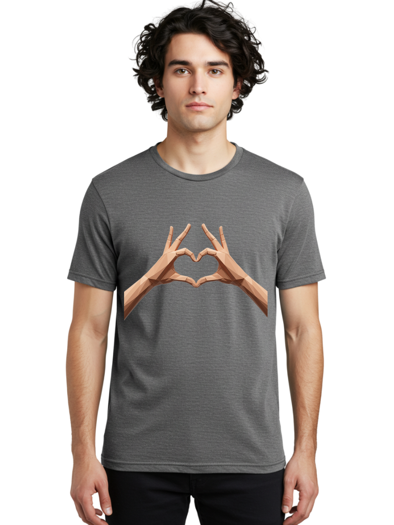 Hands-Heart-Gesture Men'S Graphic Tee, 100% Cotton, Comfortable Casual Summer Wear, Machine Washable, Low Poly Hands, Heart Shape, Love Symbol, 3D Art, Geometric Design, Affectionate Gesture, Digital Illustration, Heart Hands Bae028 20