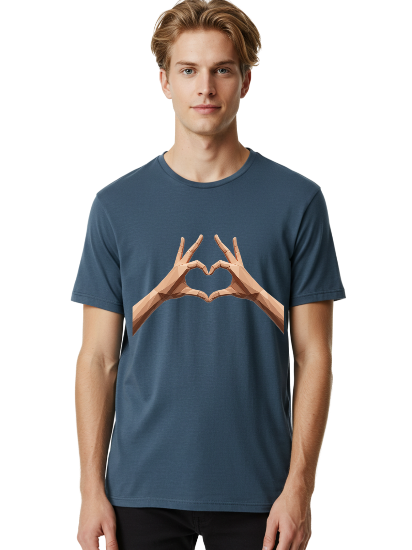 Hands-Heart-Gesture Men'S Graphic Tee, 100% Cotton, Comfortable Casual Summer Wear, Machine Washable, Low Poly Hands, Heart Shape, Love Symbol, 3D Art, Geometric Design, Affectionate Gesture, Digital Illustration, Heart Hands Bae028 27