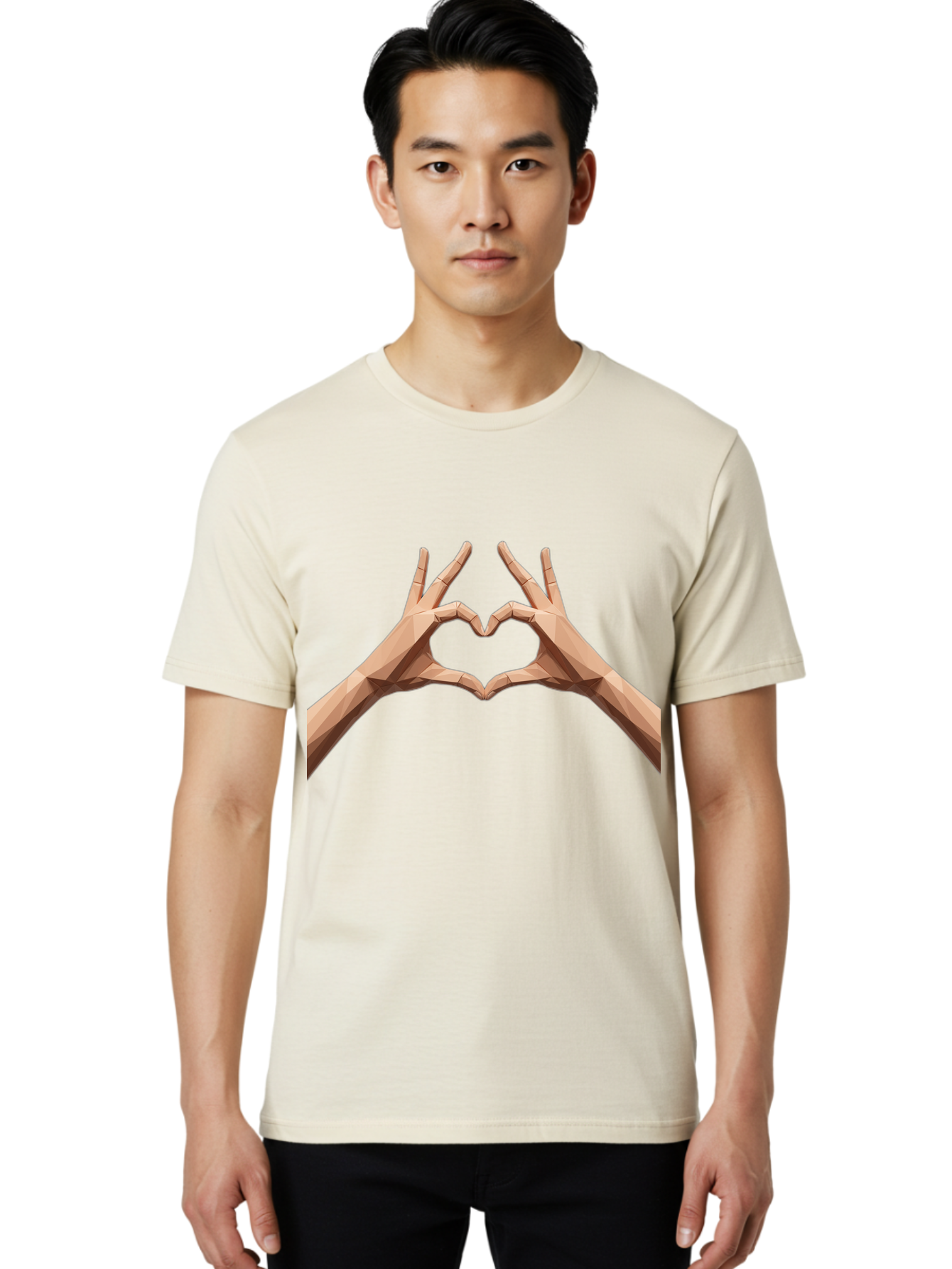 Hands-Heart-Gesture Men'S Graphic Tee, 100% Cotton, Comfortable Casual Summer Wear, Machine Washable, Low Poly Hands, Heart Shape, Love Symbol, 3D Art, Geometric Design, Affectionate Gesture, Digital Illustration, Heart Hands Bae028 25