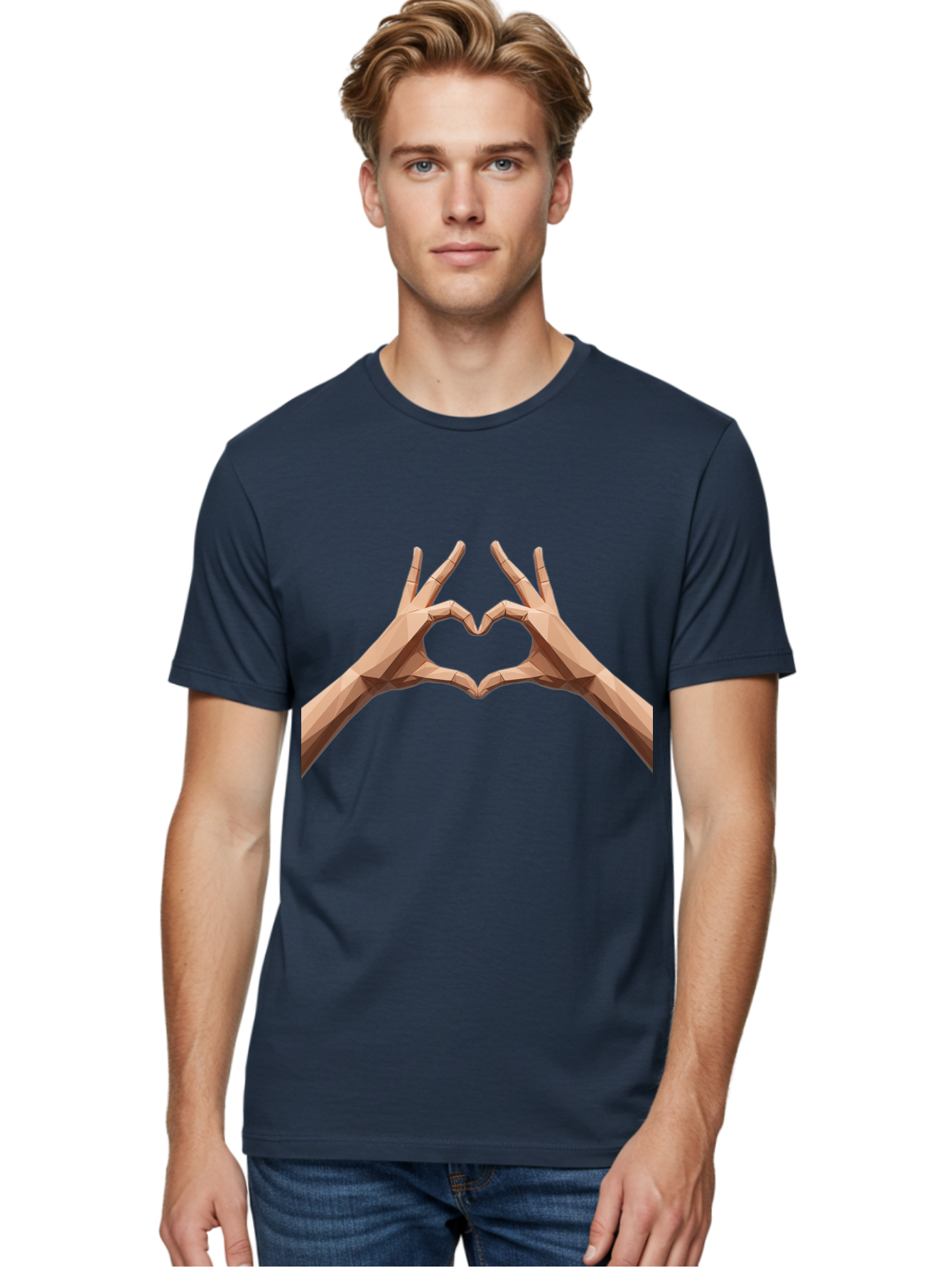 Hands-Heart-Gesture Men'S Graphic Tee, 100% Cotton, Comfortable Casual Summer Wear, Machine Washable, Low Poly Hands, Heart Shape, Love Symbol, 3D Art, Geometric Design, Affectionate Gesture, Digital Illustration, Heart Hands Bae028 18