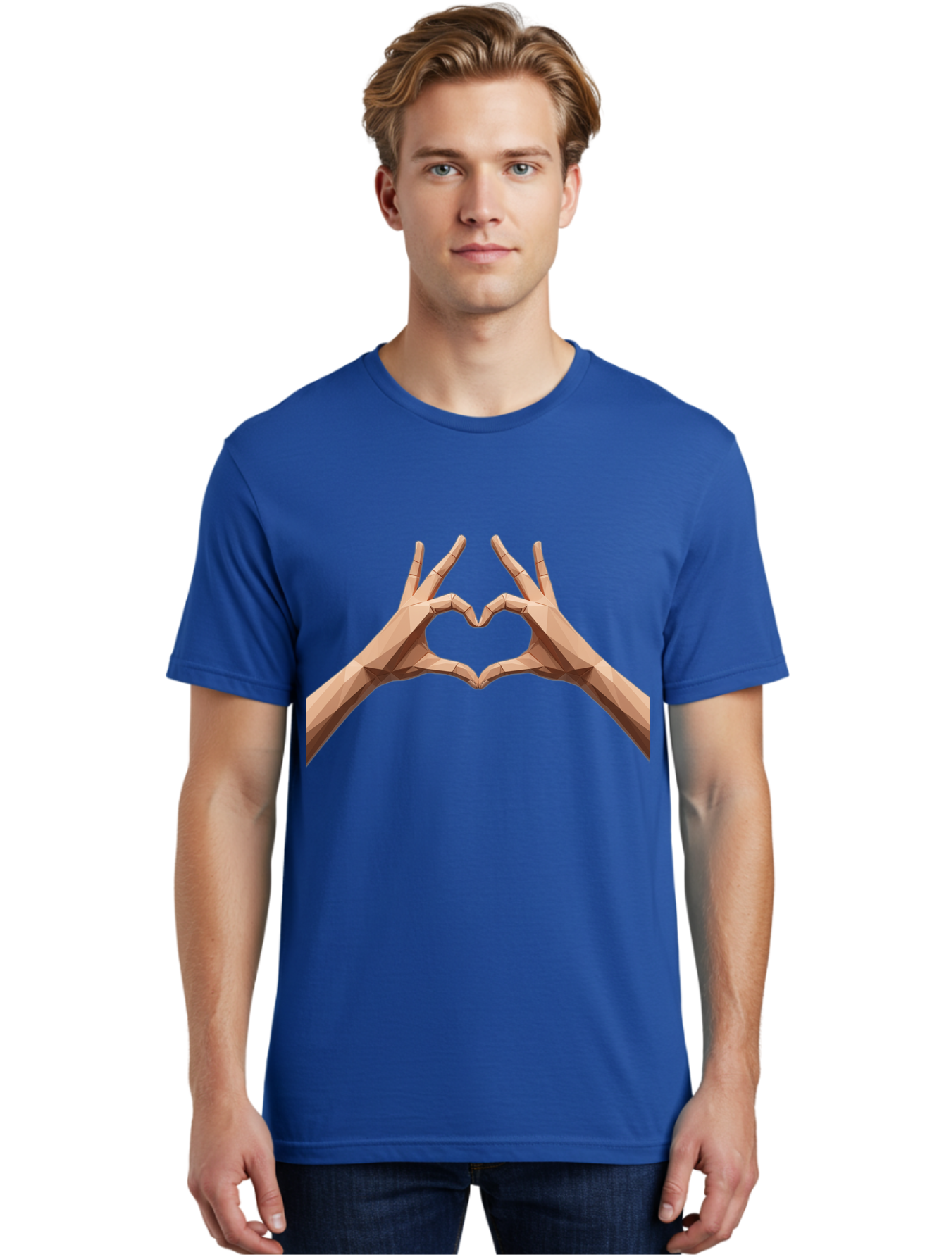 Hands-Heart-Gesture Men'S Graphic Tee, 100% Cotton, Comfortable Casual Summer Wear, Machine Washable, Low Poly Hands, Heart Shape, Love Symbol, 3D Art, Geometric Design, Affectionate Gesture, Digital Illustration, Heart Hands Bae028 17