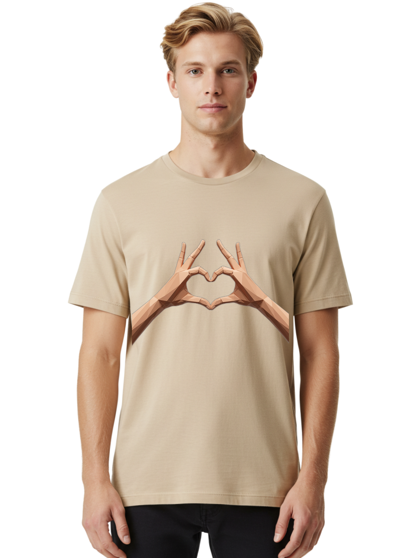 Hands-Heart-Gesture Men'S Graphic Tee, 100% Cotton, Comfortable Casual Summer Wear, Machine Washable, Low Poly Hands, Heart Shape, Love Symbol, 3D Art, Geometric Design, Affectionate Gesture, Digital Illustration, Heart Hands Bae028 21