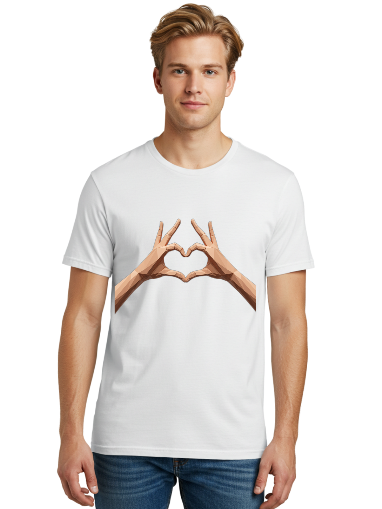 Hands-Heart-Gesture Men'S Graphic Tee, 100% Cotton, Comfortable Casual Summer Wear, Machine Washable, Low Poly Hands, Heart Shape, Love Symbol, 3D Art, Geometric Design, Affectionate Gesture, Digital Illustration, Heart Hands Bae028 19