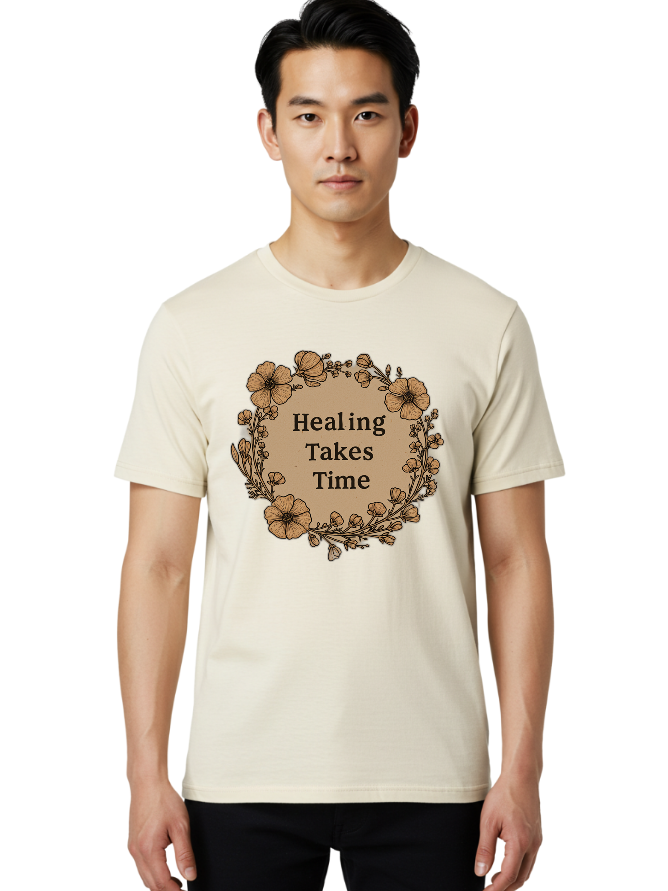 Healing-Takes-Time-2 Men'S Graphic Tee, 100% Cotton, Comfortable Casual Summer Wear, Machine Washable, Healing Takes Time, Inspirational Quote, Motivational Message, Floral Wreath, Delicate Flowers, Serene Atmosphere, Self-Care Reminder, Bae032 24