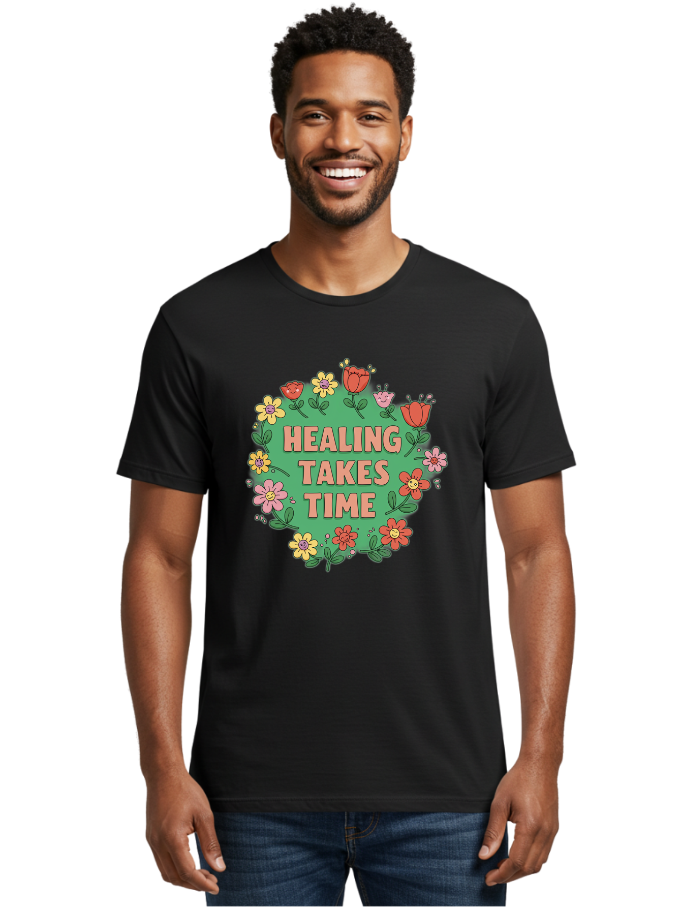 Healing-Takes-Time-3 Men'S Graphic Tee, 100% Cotton, Comfortable Casual Summer Wear, Machine Washable, Floral Wreath, Healing Takes Time, Inspirational Quote, Motivational Message, Self Care, Wellness, Mindfulness, Positive Affirmation Bae033 21