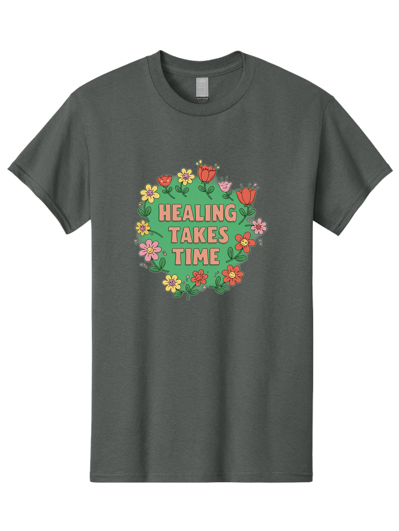 Healing-Takes-Time-3 Men'S Graphic Tee, 100% Cotton, Comfortable Casual Summer Wear, Machine Washable, Floral Wreath, Healing Takes Time, Inspirational Quote, Motivational Message, Self Care, Wellness, Mindfulness, Positive Affirmation Bae033 2