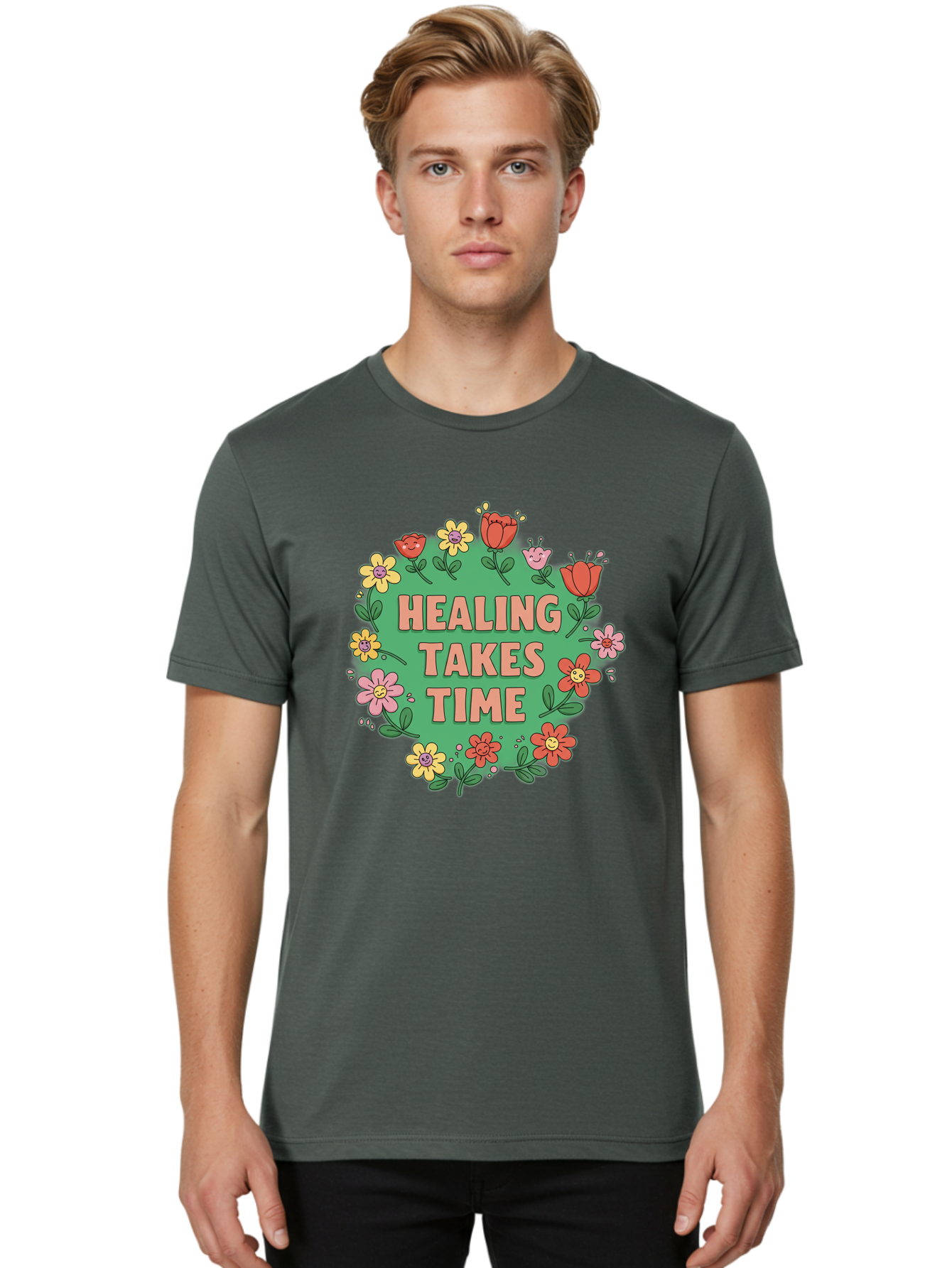 Healing-Takes-Time-3 Men'S Graphic Tee, 100% Cotton, Comfortable Casual Summer Wear, Machine Washable, Floral Wreath, Healing Takes Time, Inspirational Quote, Motivational Message, Self Care, Wellness, Mindfulness, Positive Affirmation Bae033 17