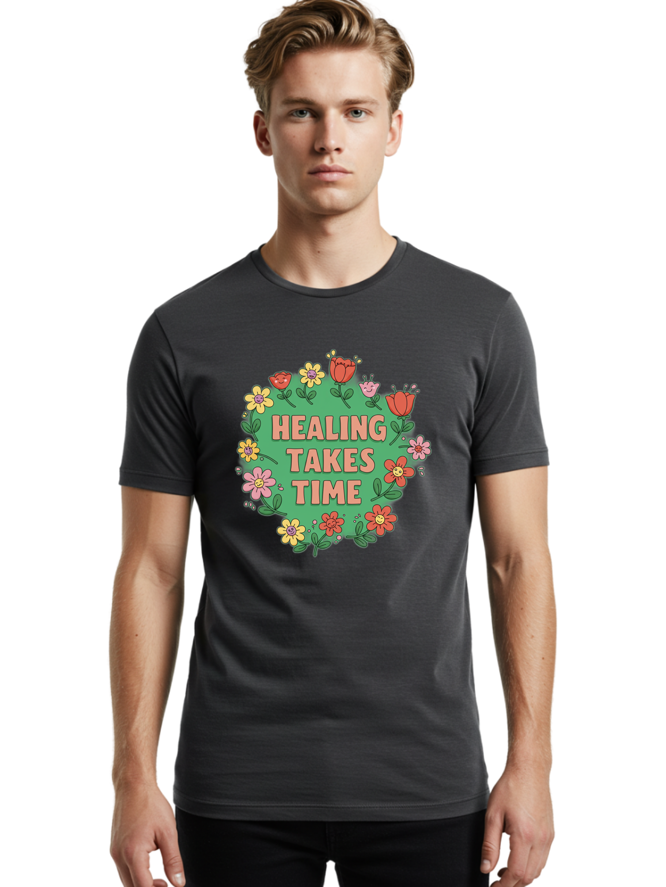 Healing-Takes-Time-3 Men'S Graphic Tee, 100% Cotton, Comfortable Casual Summer Wear, Machine Washable, Floral Wreath, Healing Takes Time, Inspirational Quote, Motivational Message, Self Care, Wellness, Mindfulness, Positive Affirmation Bae033 28